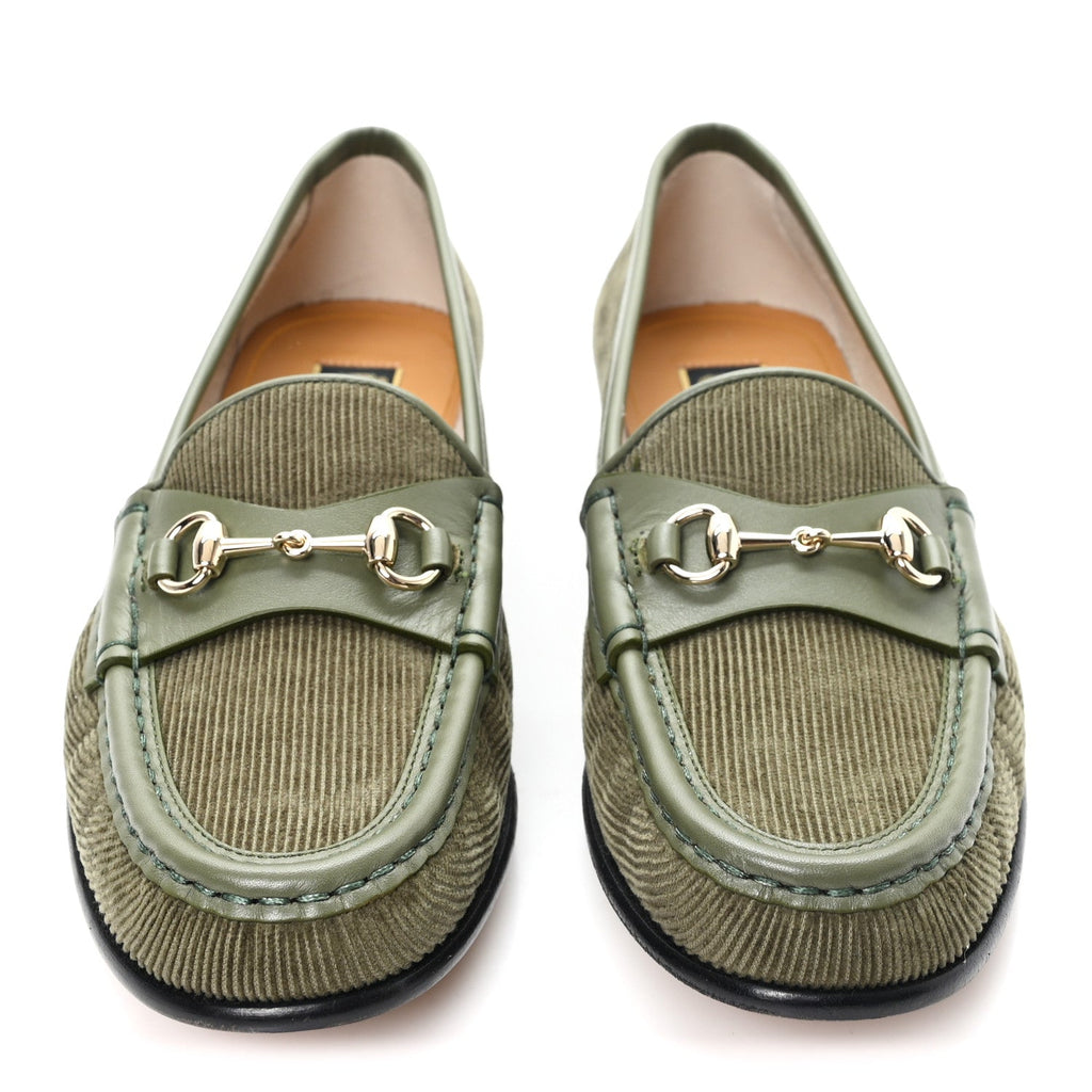 Gucci Corduroy Womens 1953 Horsebit Loafers 37.5 Sweet Military