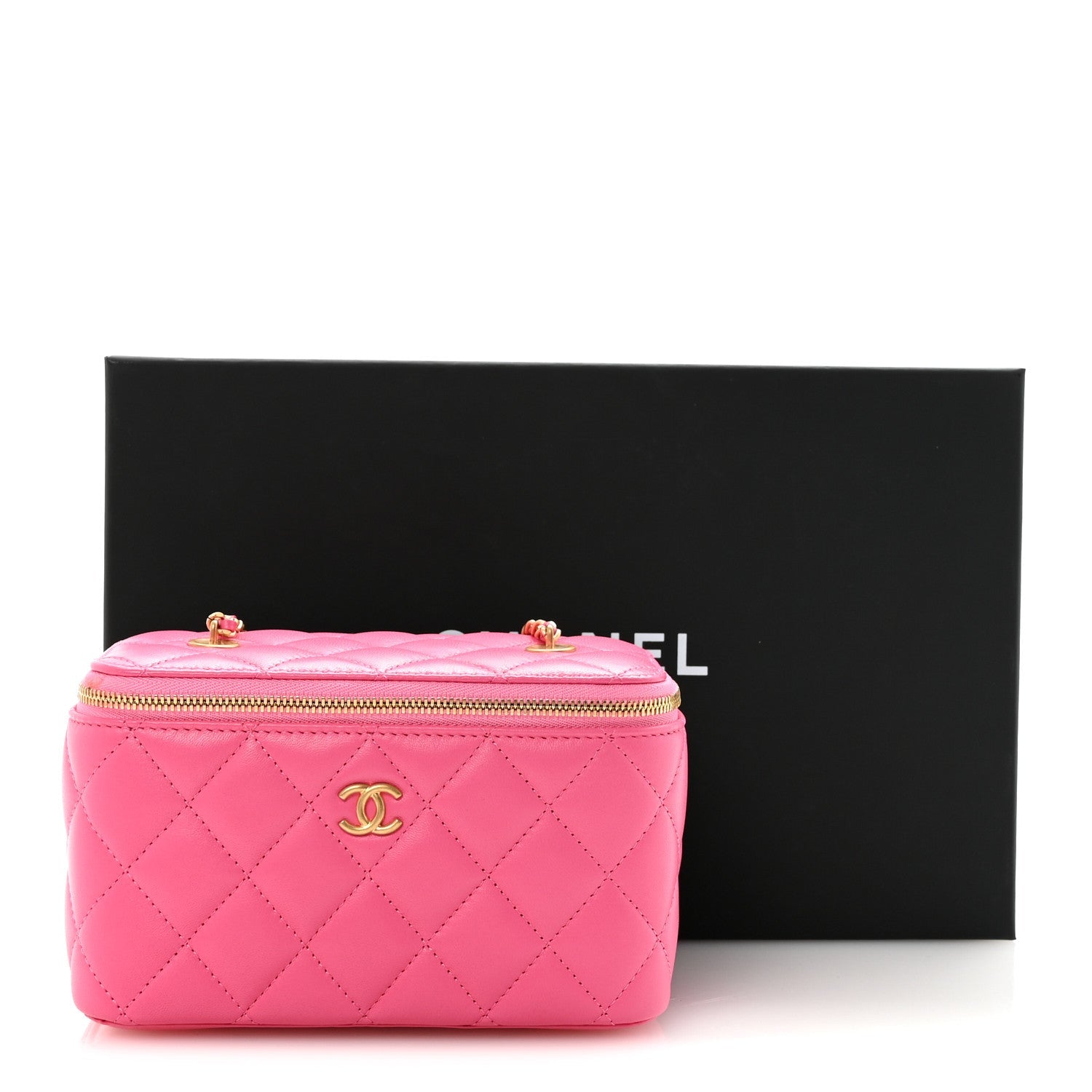 Chanel Lambskin Enamel Quilted Small Coco Hearts Vanity Case With Chain Pink