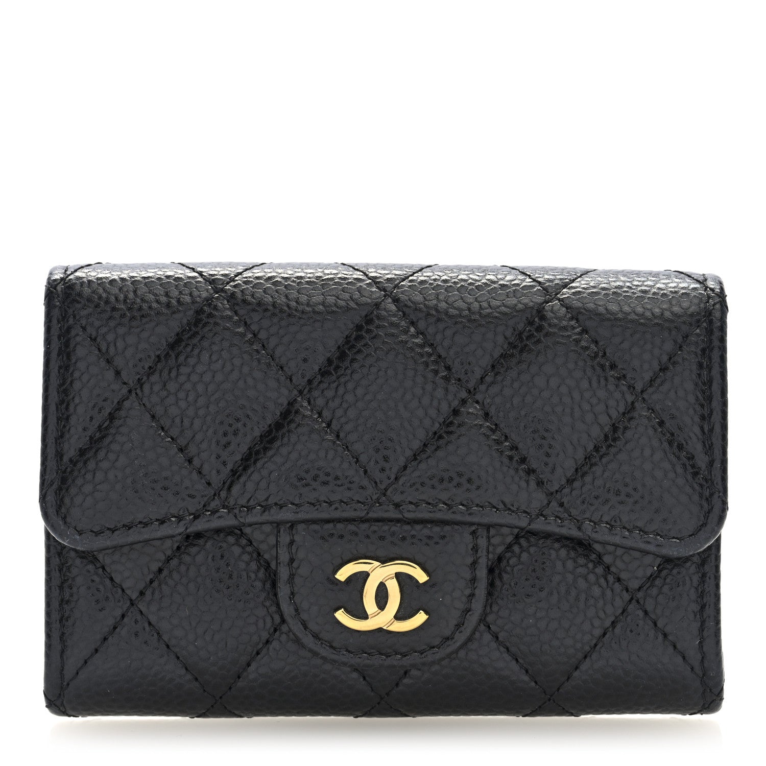 Caviar Quilted Flap Card Holder Wallet Black