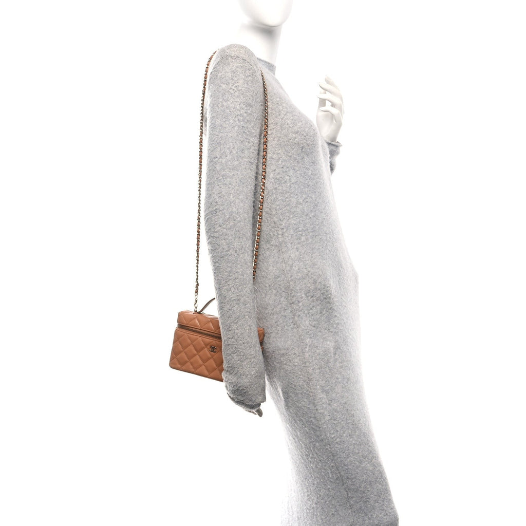 Chanel Caviar Quilted Top Handle Slim Vanity With Chain Brown
