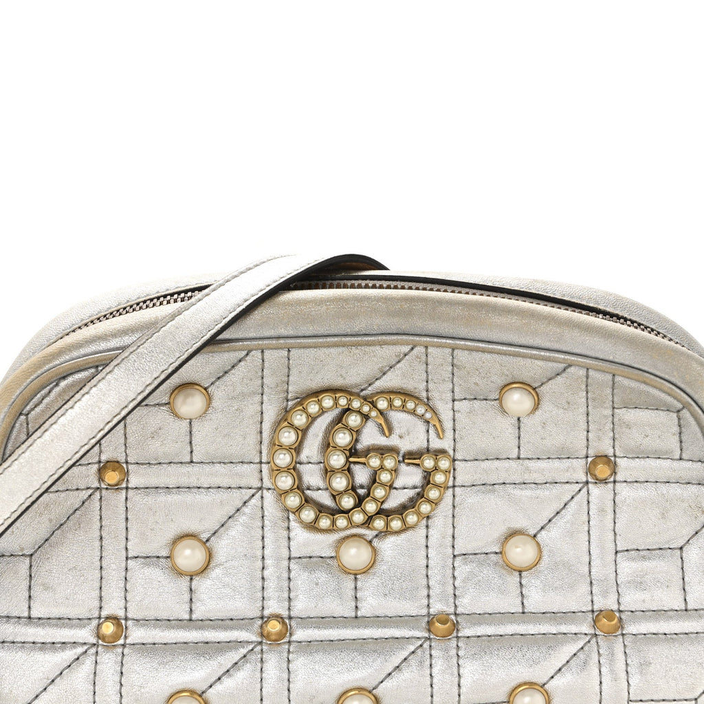 Gucci Metallic Calfskin Matelasse Studded Small Pearly GG Marmont Chain Shoulder Bag Silver