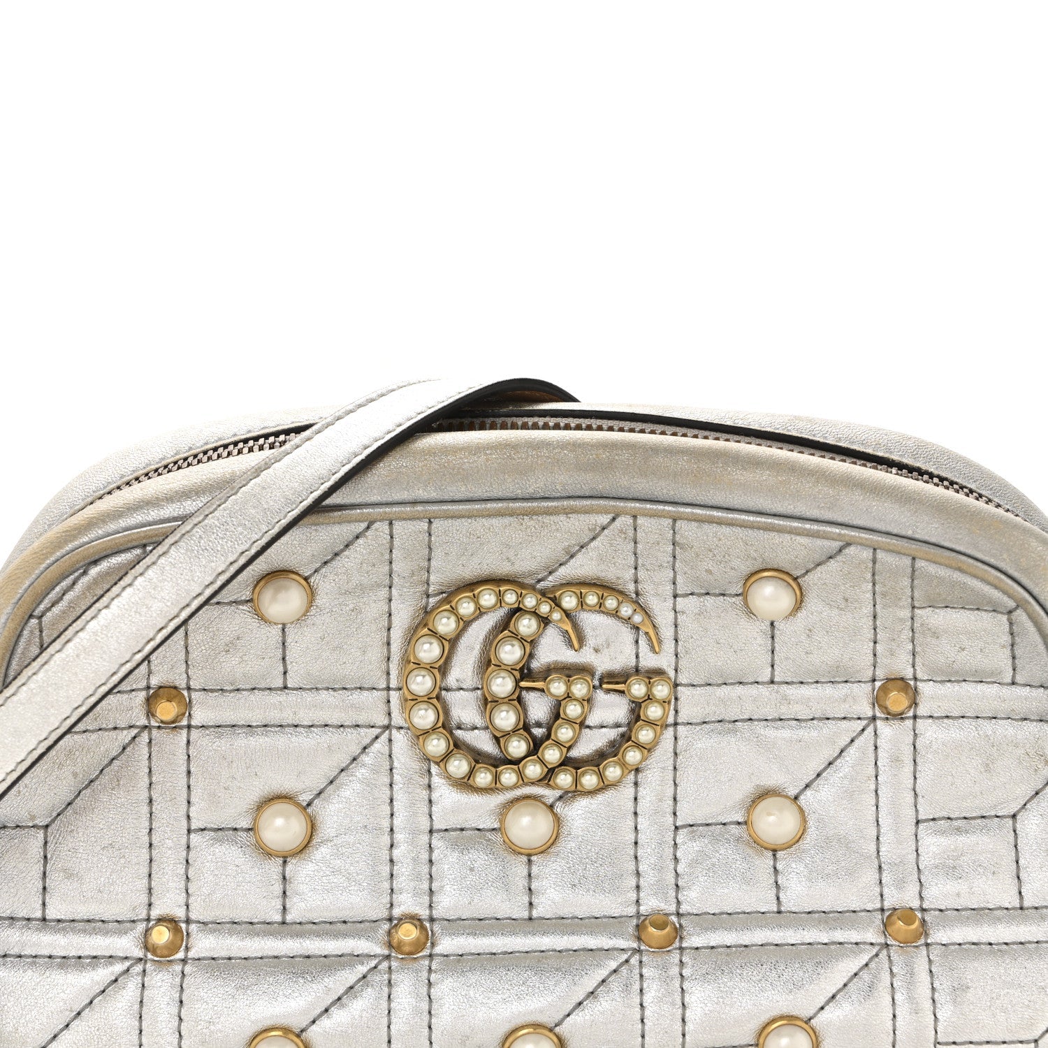 Gucci Metallic Calfskin Matelasse Studded Small Pearly GG Marmont Chain Shoulder Bag Silver