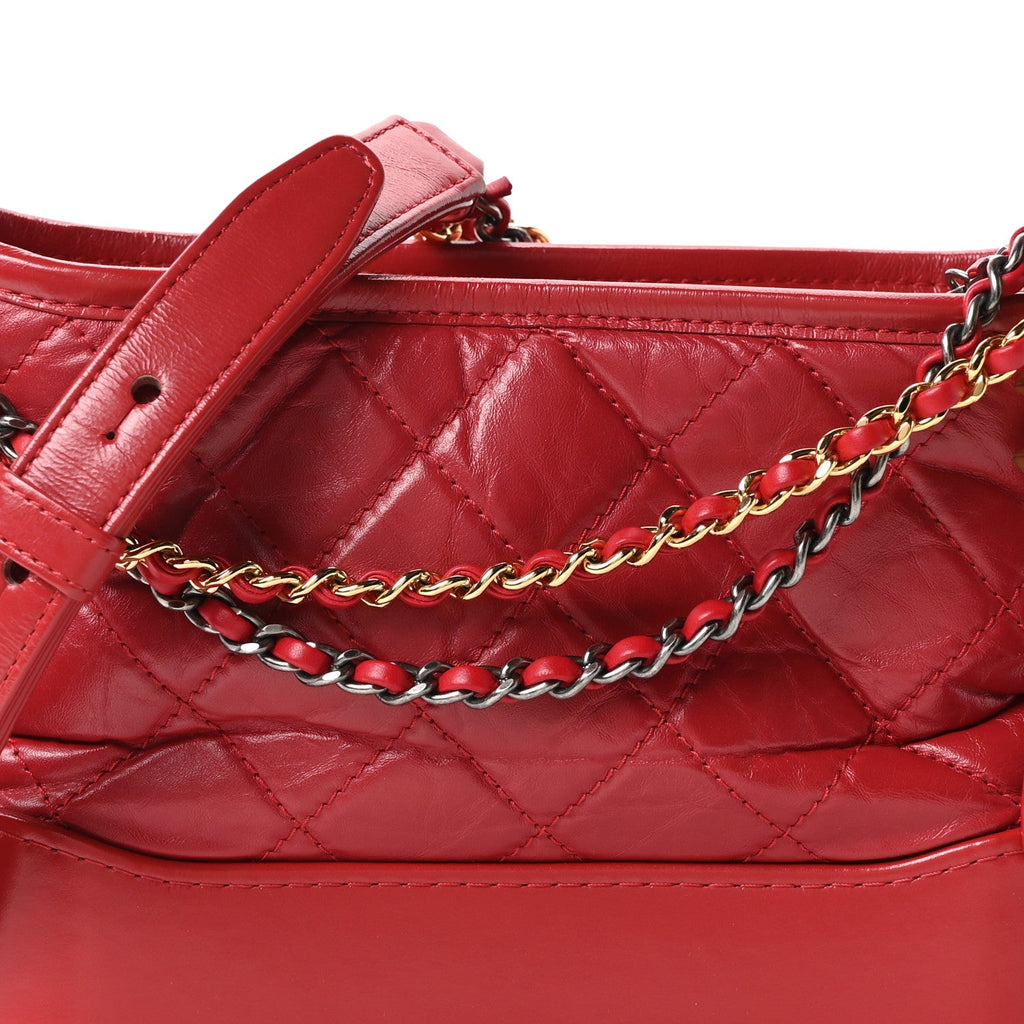 Chanel Aged Calfskin Quilted Small Gabrielle Logo Hobo Red