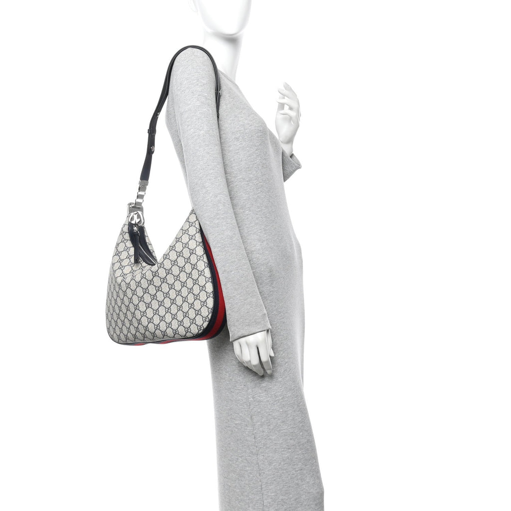 Gucci GG Supreme Monogram Textured Calfskin Web Large Attache Shoulder Bag Beige Blue
