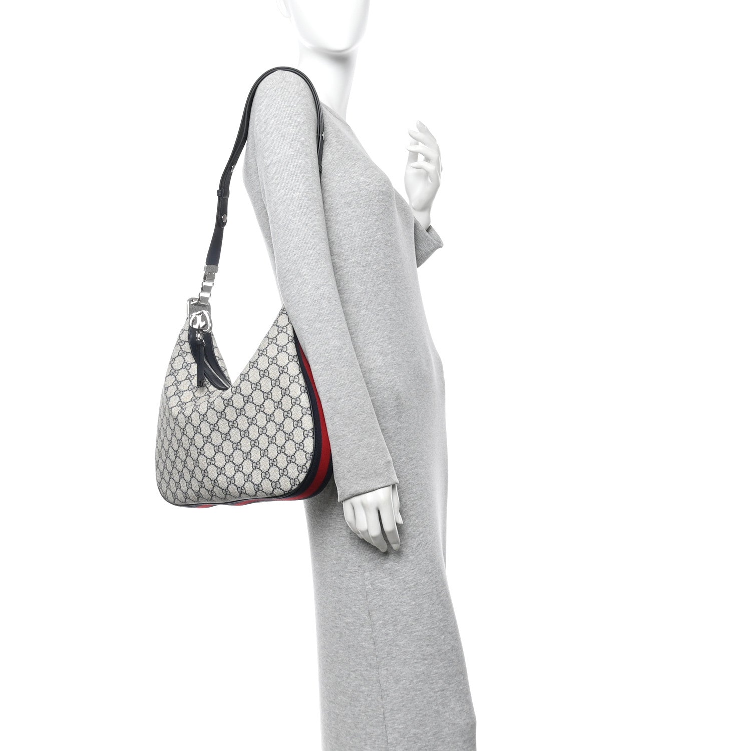 Gucci GG Supreme Monogram Textured Calfskin Web Large Attache Shoulder Bag Beige Blue