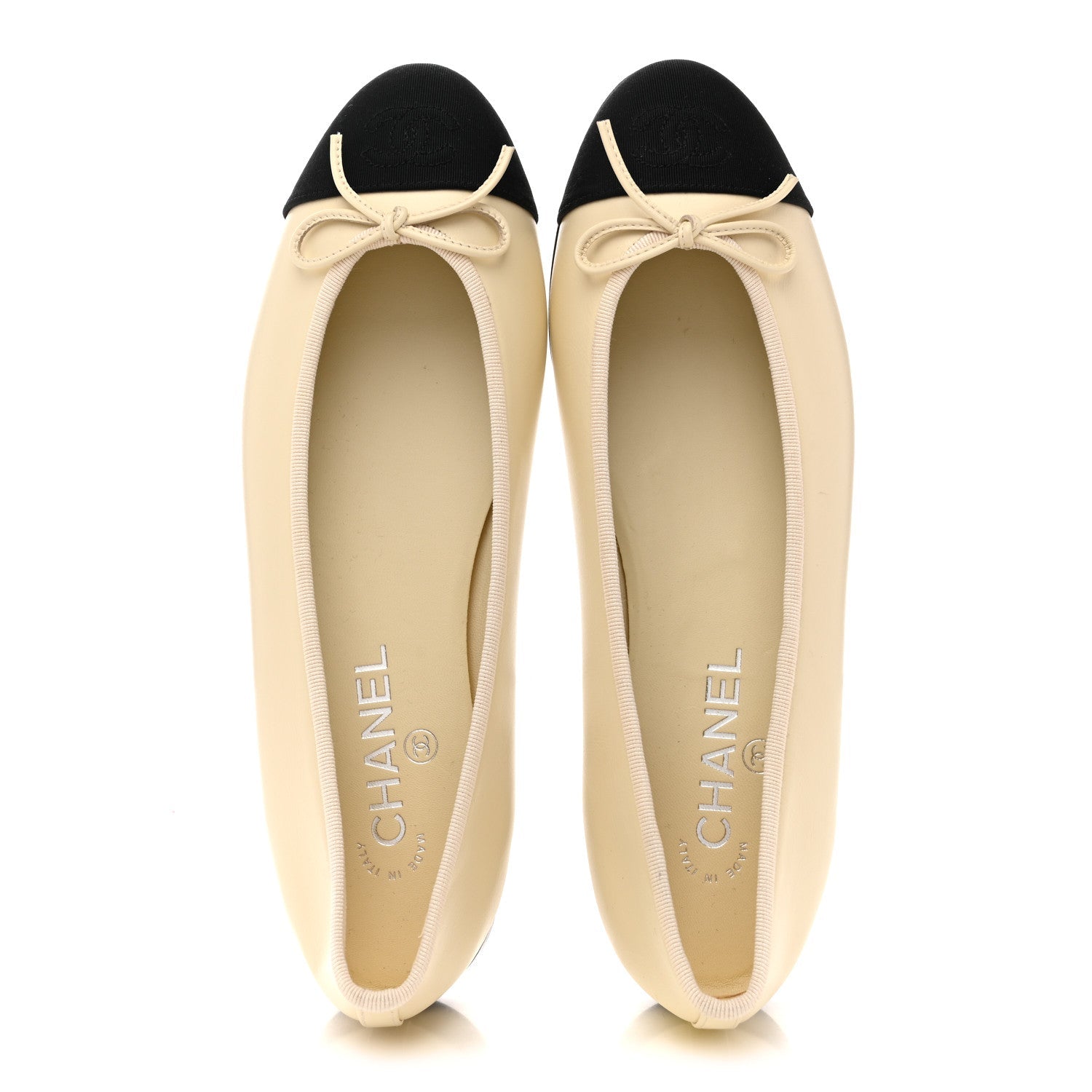 Calfskin Grosgrain Cap Toe CC Ballerina Flats 40 Ivory Black