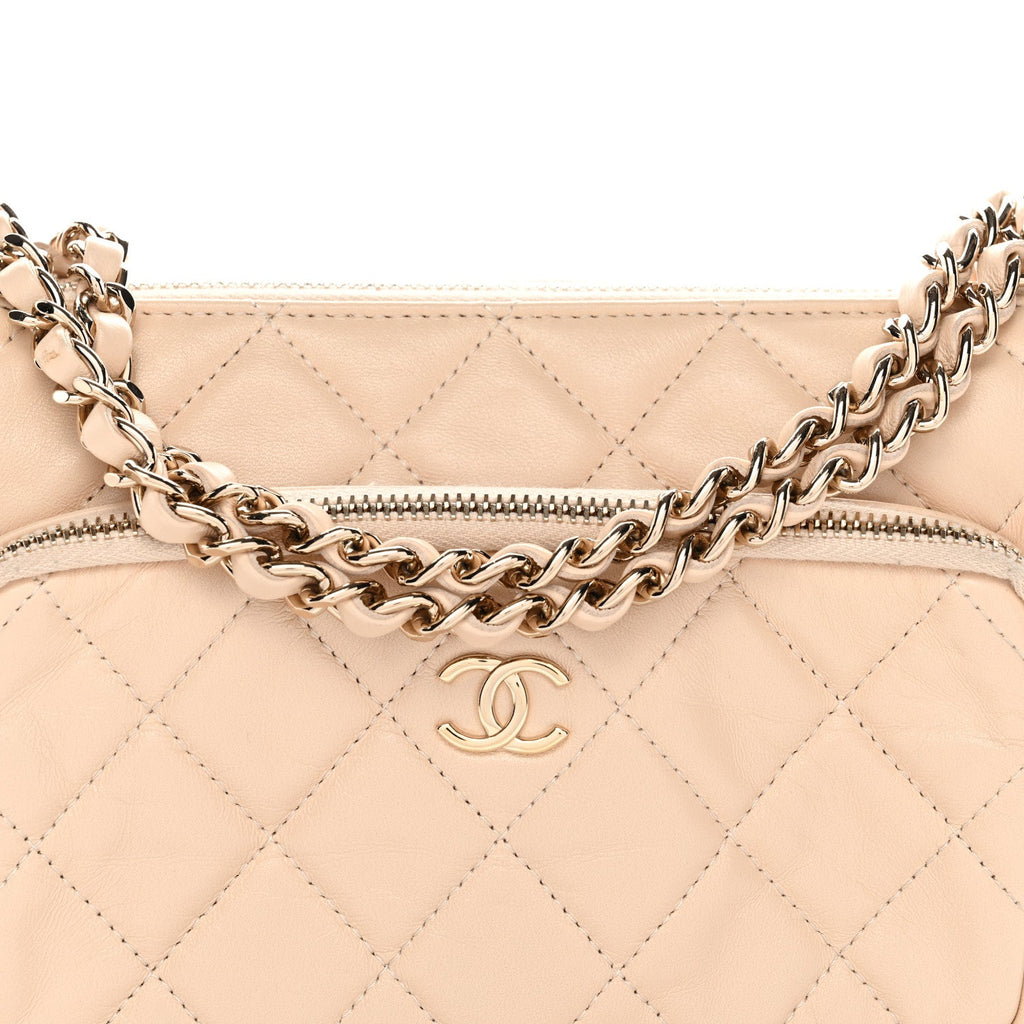 Chanel Shiny Crumpled Lambskin Quilted Small Preppy Pocket Clutch With Chain Beige