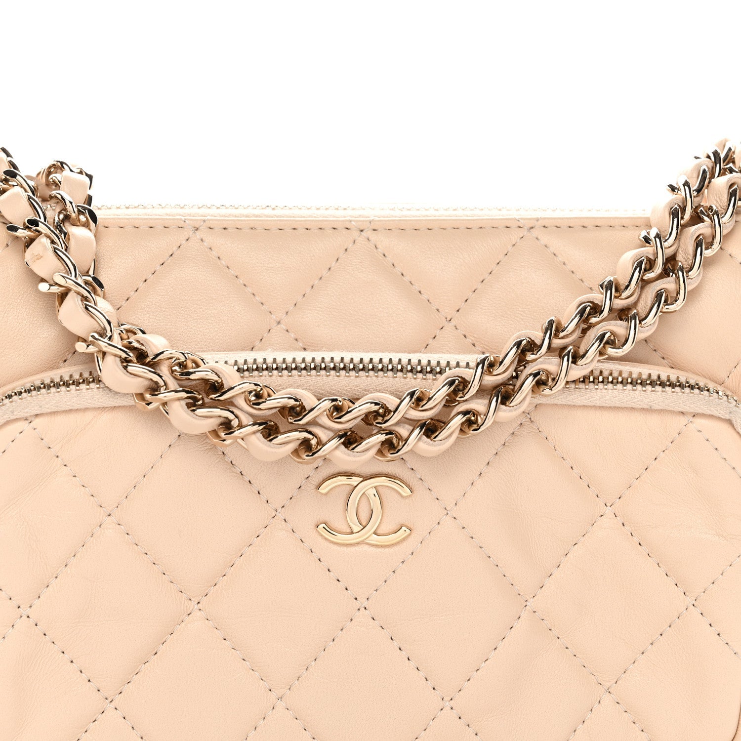 Chanel Shiny Crumpled Lambskin Quilted Small Preppy Pocket Clutch With Chain Beige