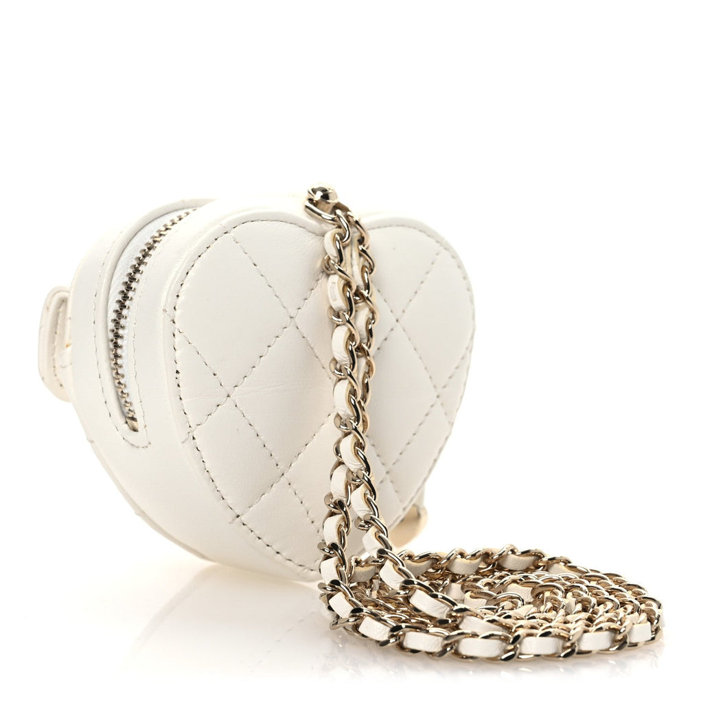 Chanel Lambskin Quilted CC In Love Heart Coin Purse With Chain White