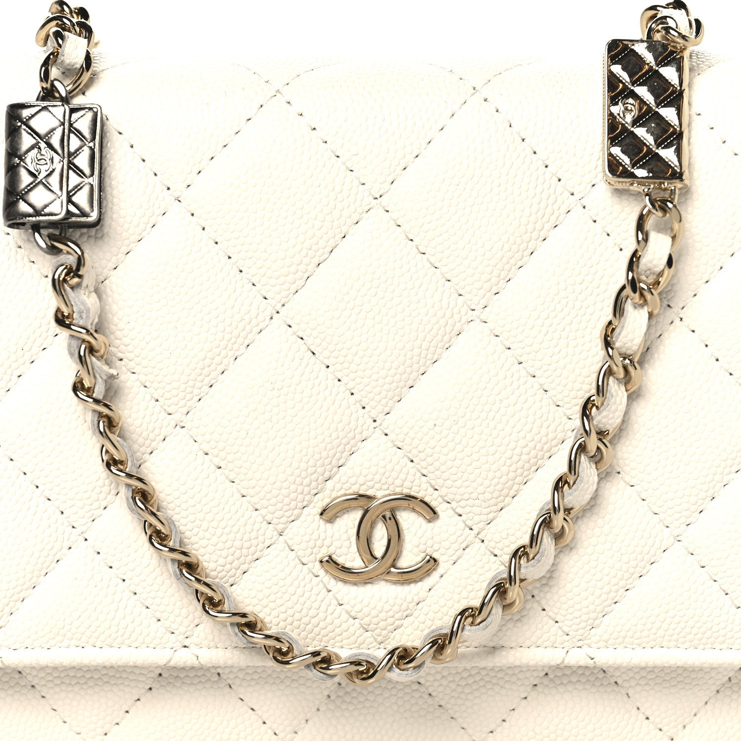 Chanel Shiny Caviar Quilted Flap Charm Wallet On Chain WOC White