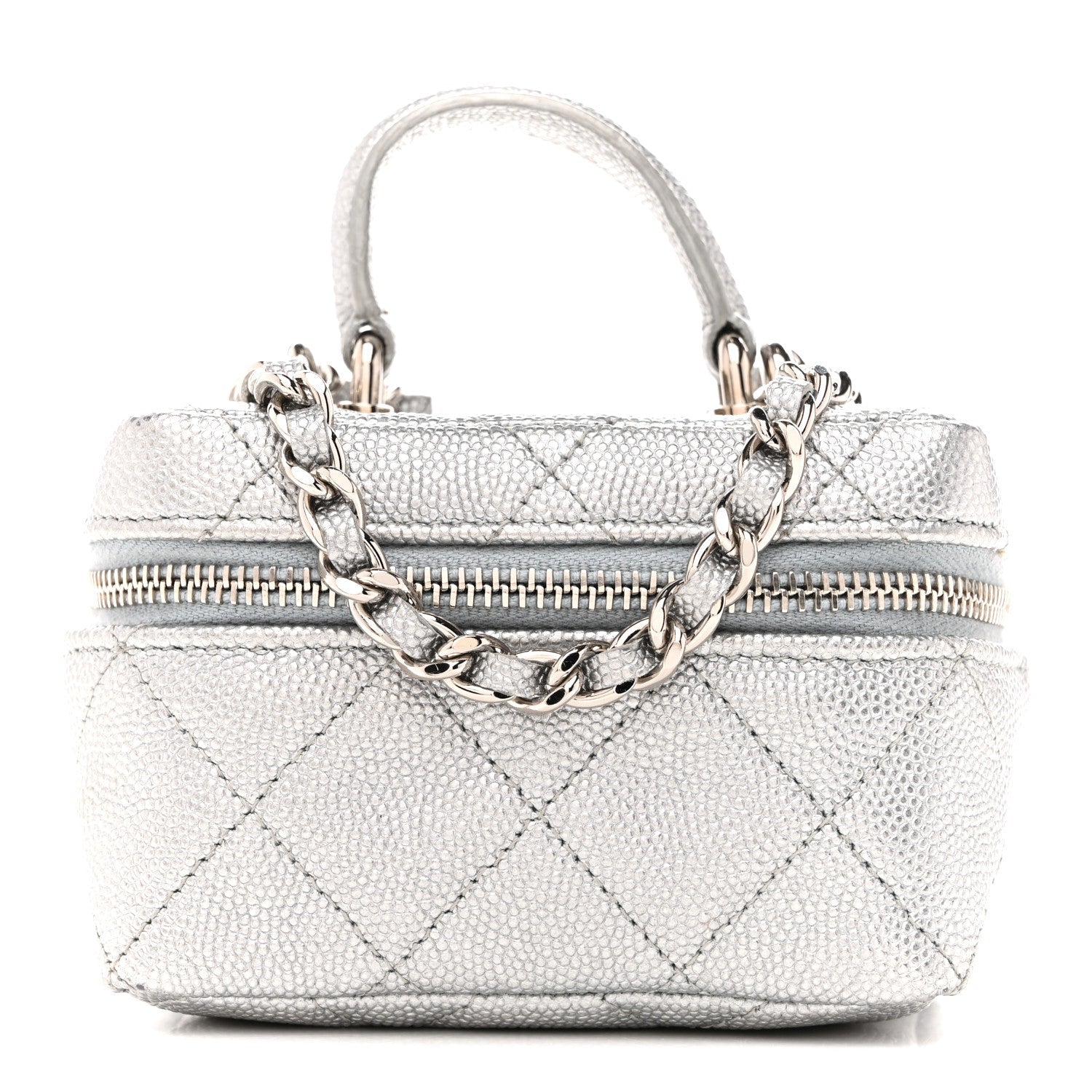 Chanel Metallic Caviar Quilted Mini Top Handle Vanity With Chain Silver