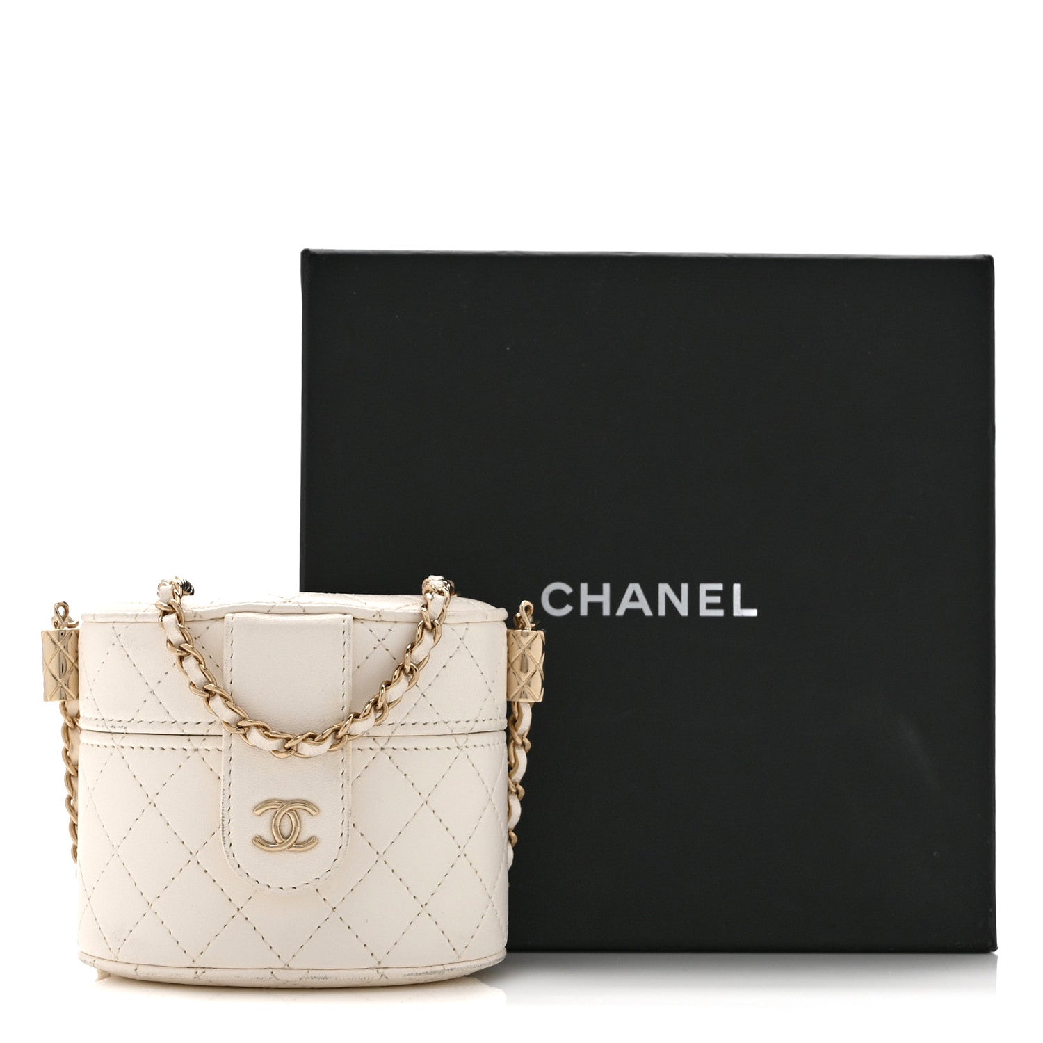 Chanel Lambskin Quilted Round Mini Vanity Case With Chain Case With Chain White