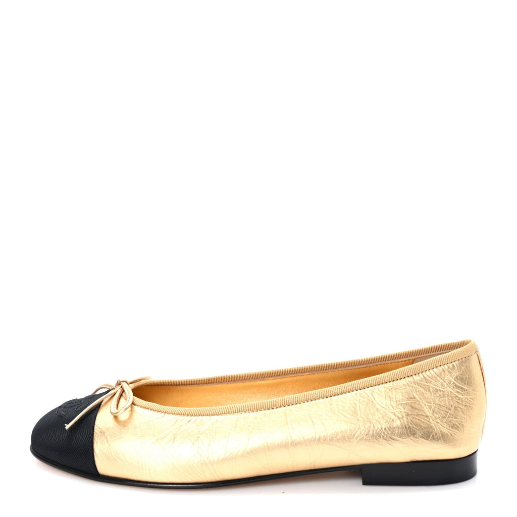 Laminated Lambskin Grosgrain Cap Toe CC Ballerina Flats 39.5 Dark Gold Black
