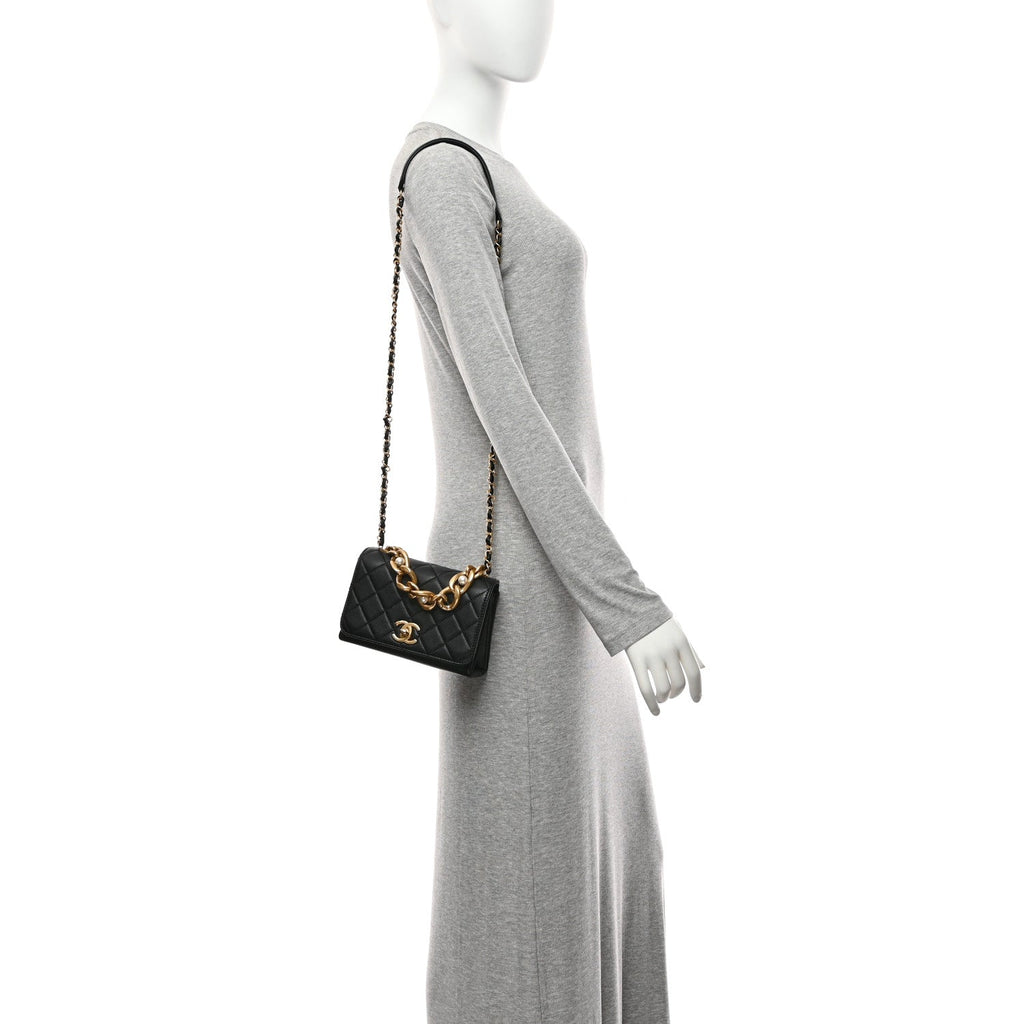 Chanel Calfskin Quilted Pearl Jewel Chain Flap Black