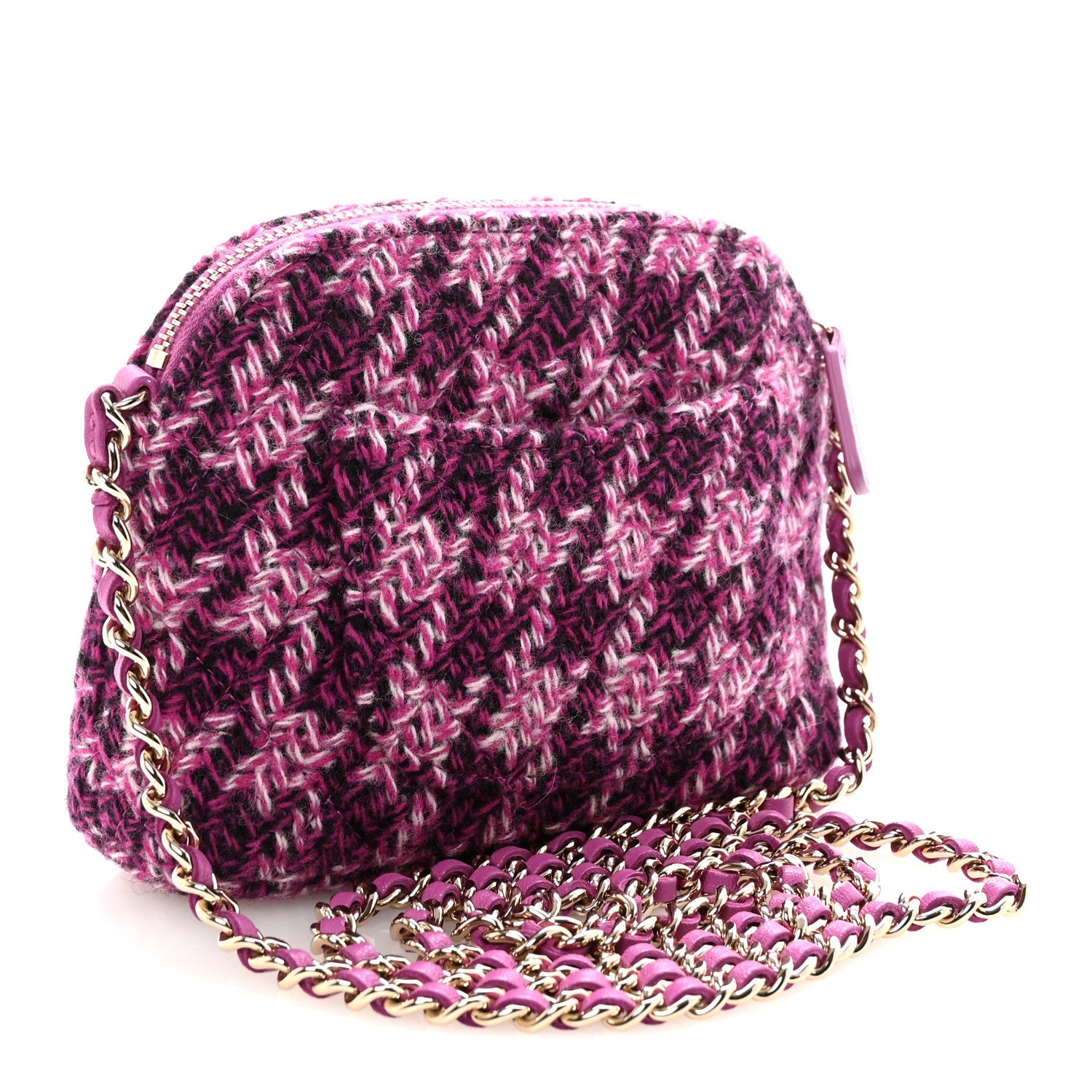Chanel Tweed Quilted Mini Clutch With Chain Purple