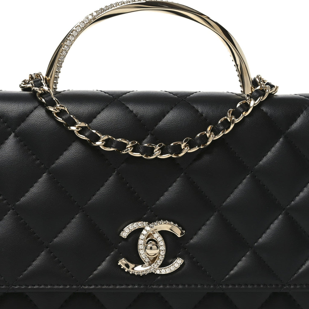 Chanel Lambskin Quilted Crystal Handle Wallet On Chain WOC Black