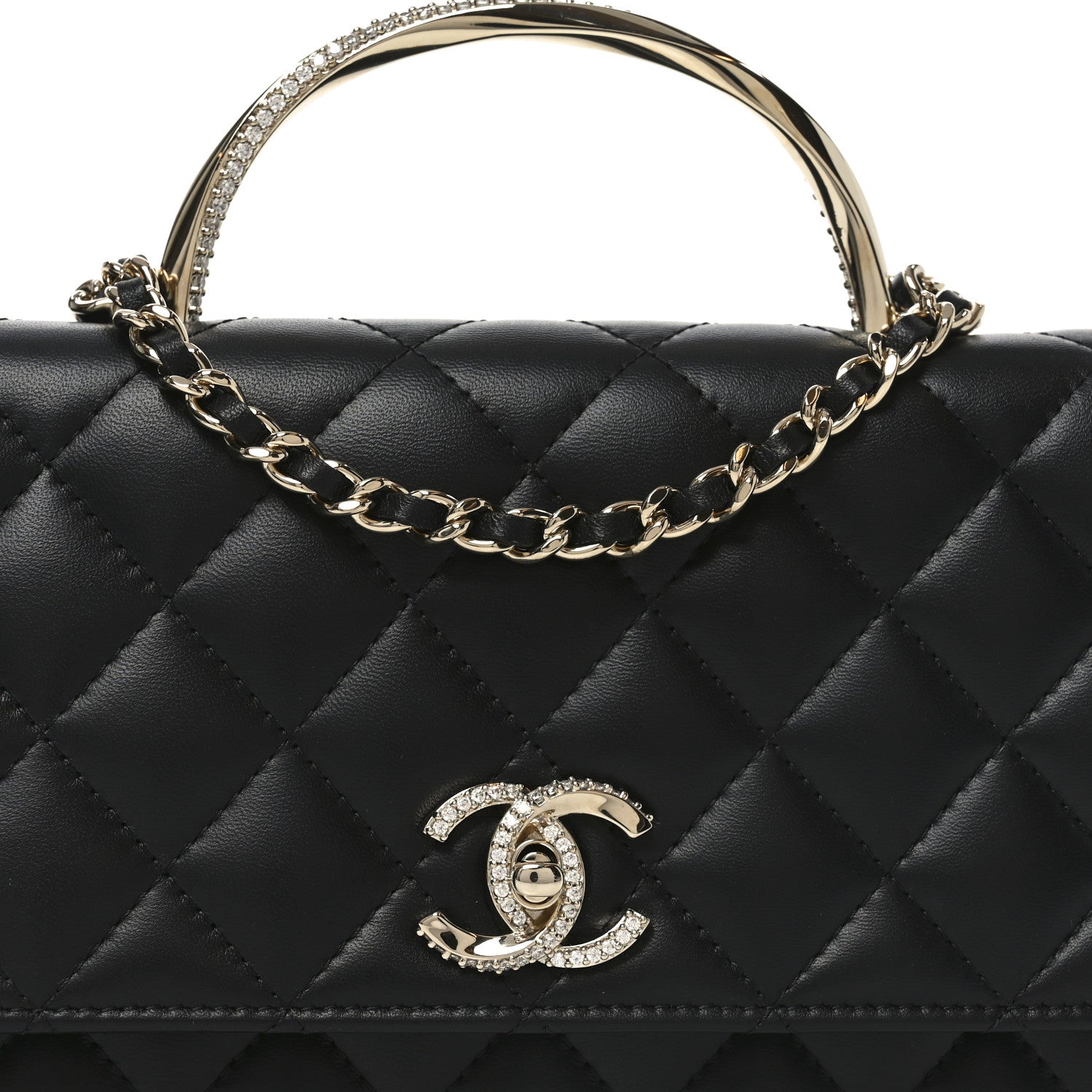 Chanel Lambskin Quilted Crystal Handle Wallet On Chain WOC Black