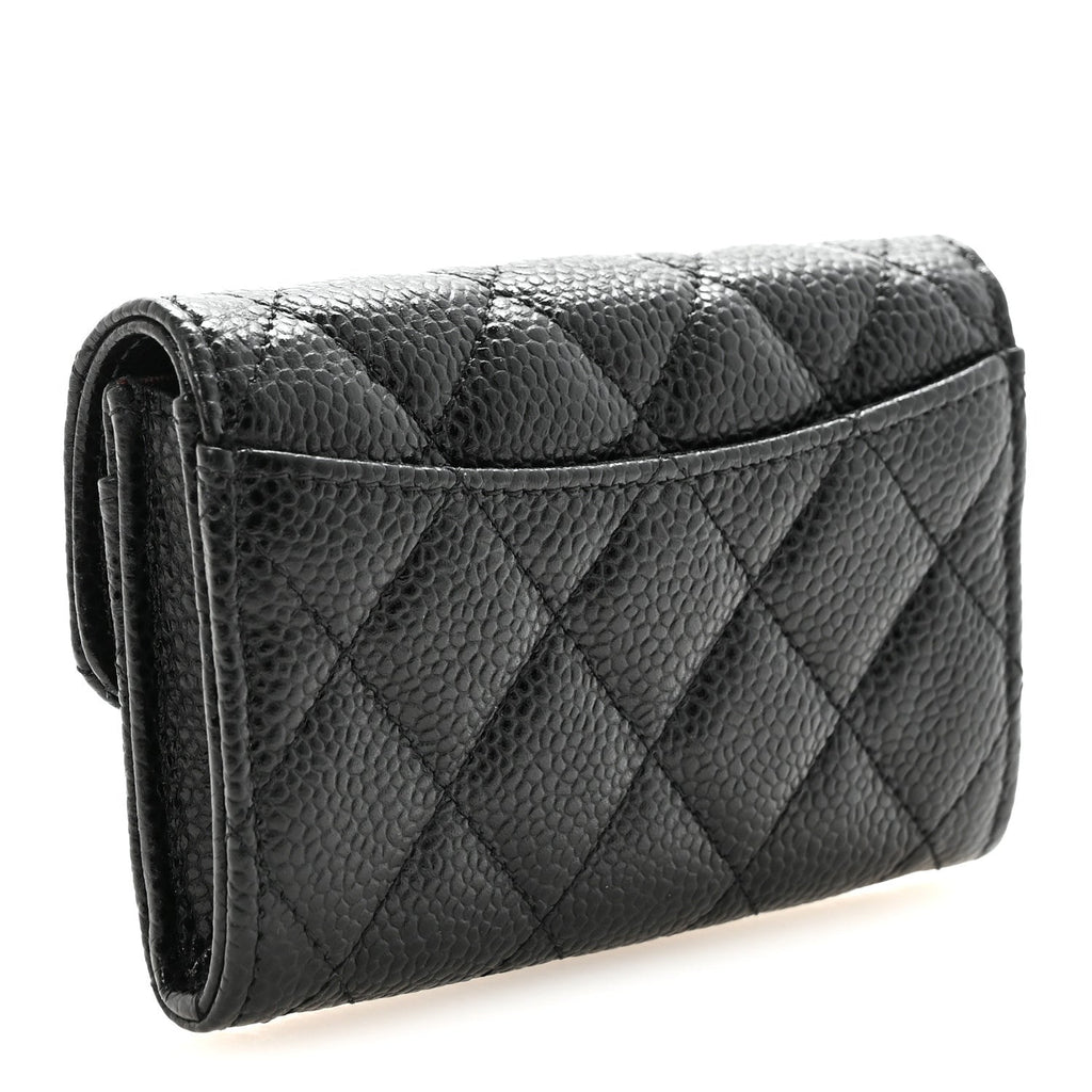 Caviar Quilted Flap Card Holder Wallet Black