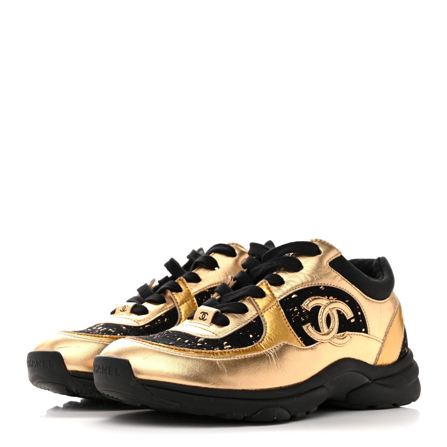 Satin Lambskin Fabric Tweed CC Sneakers 36.5 Gold Black