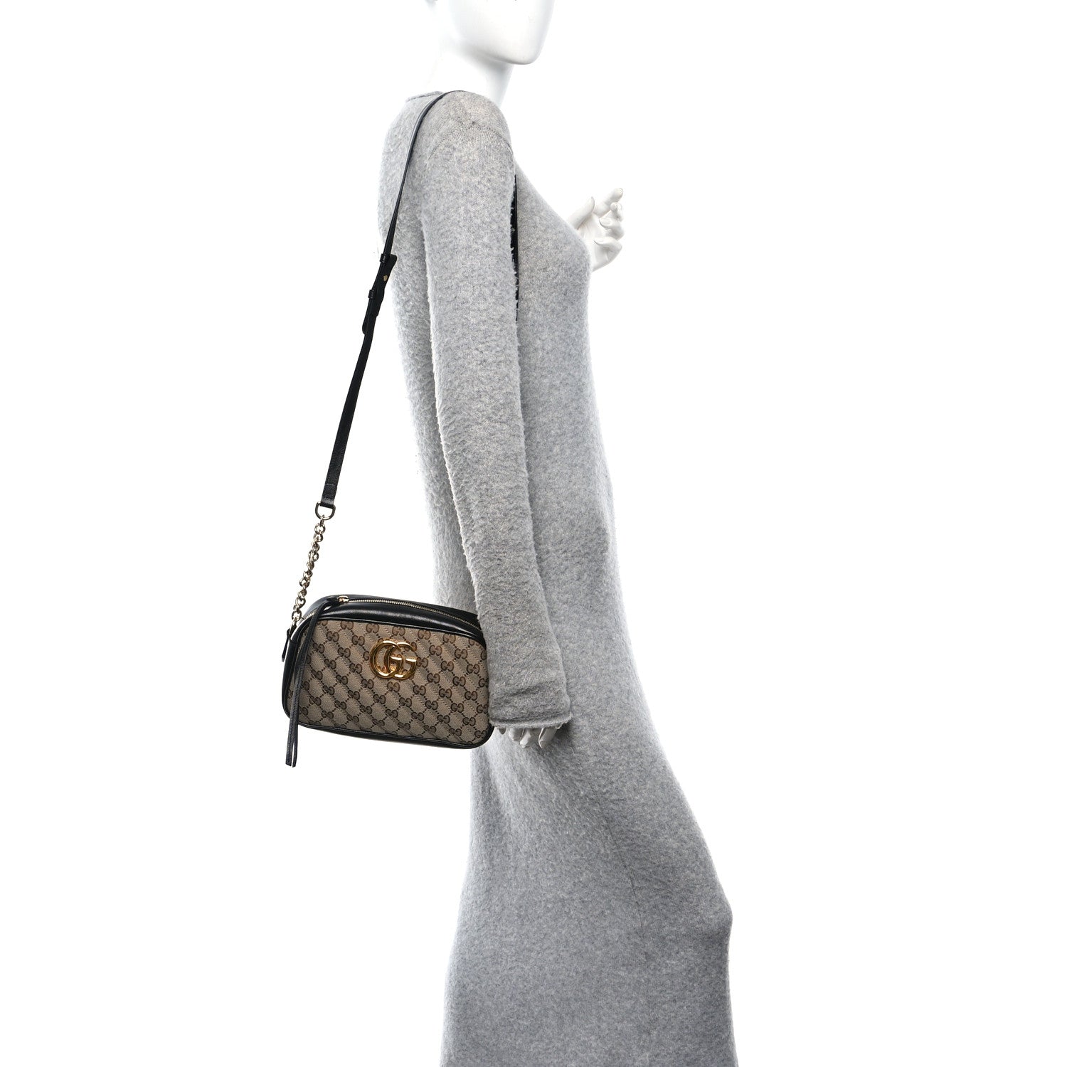 Gucci Monogram Matelasse Diagonal Small GG Marmont Chain Shoulder Bag Beige Black