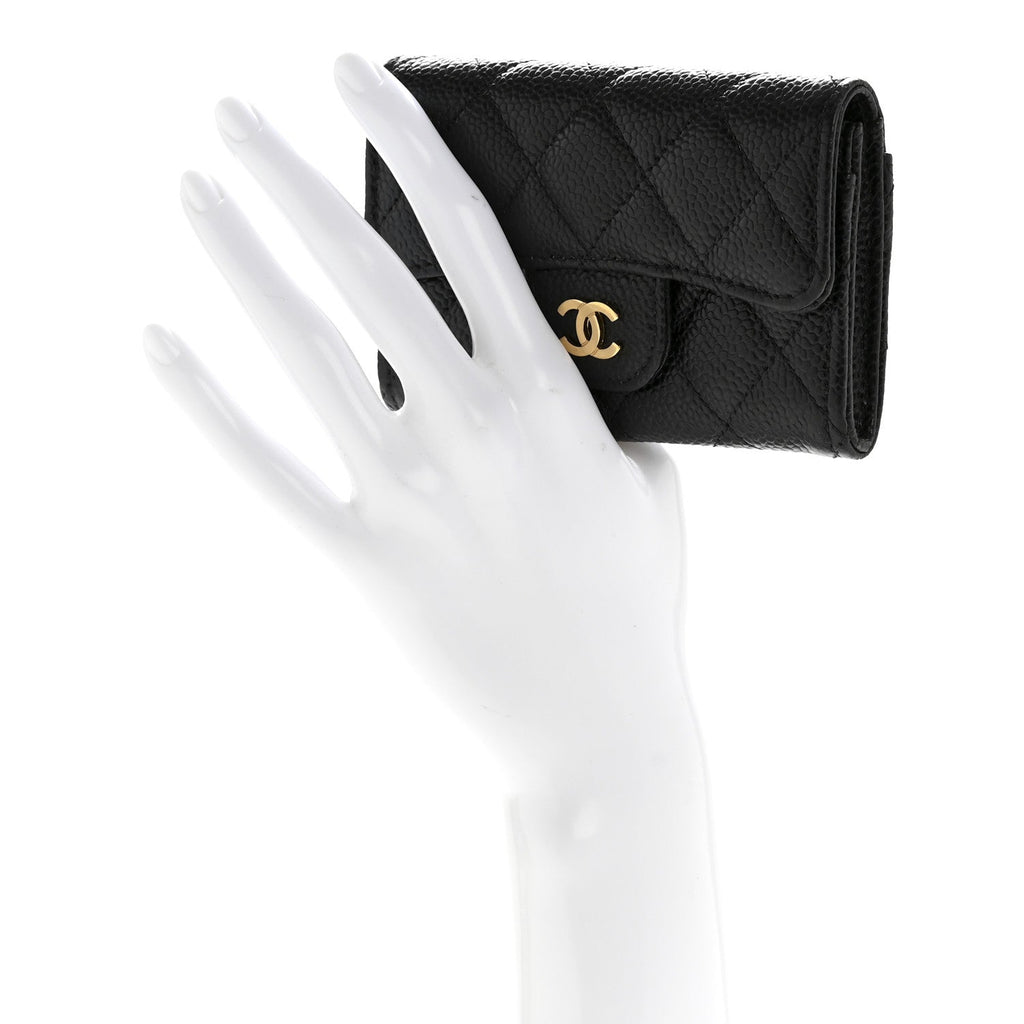 Caviar Quilted Flap Card Holder Wallet Black