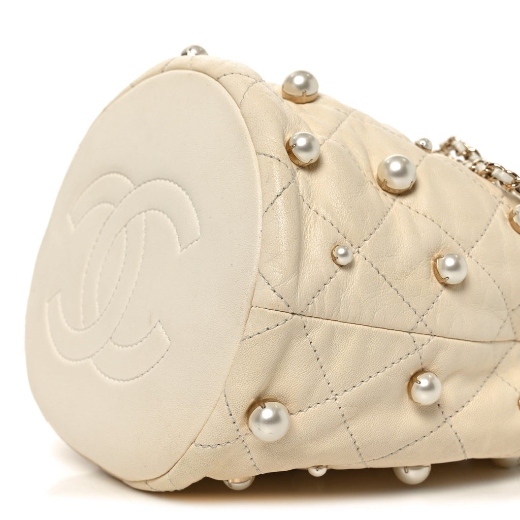 Chanel Lambskin Quilted Pearl Mini About Pearls Drawstring Bag White