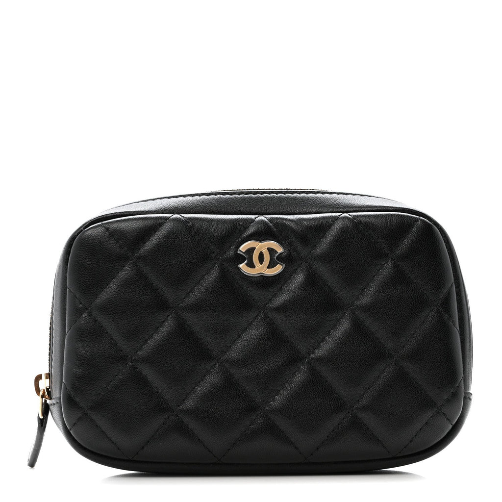 Lambskin Quilted Small Curvy Pouch Cosmetic Case Black