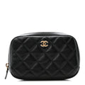 Lambskin Quilted Small Curvy Pouch Cosmetic Case Black