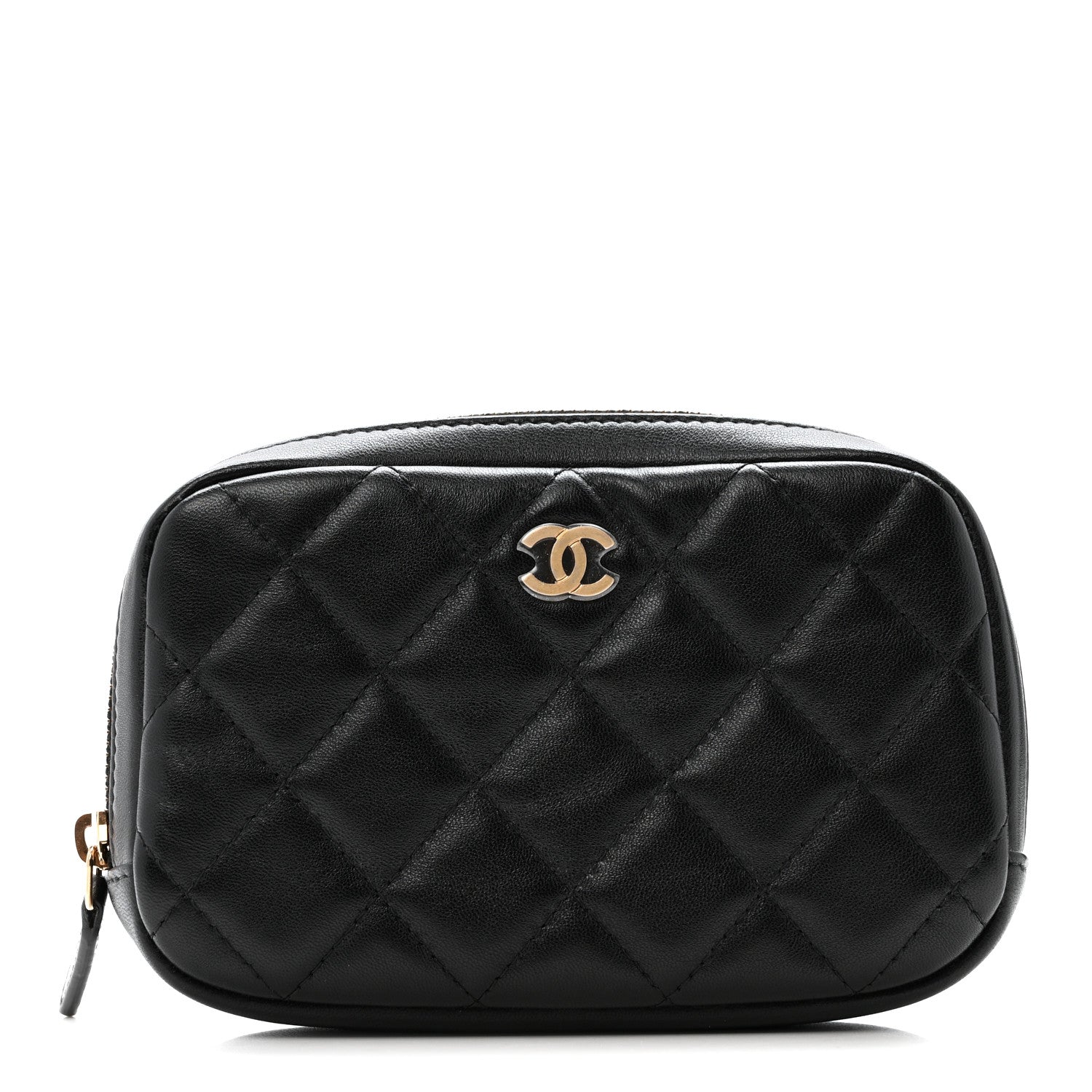 Lambskin Quilted Small Curvy Pouch Cosmetic Case Black