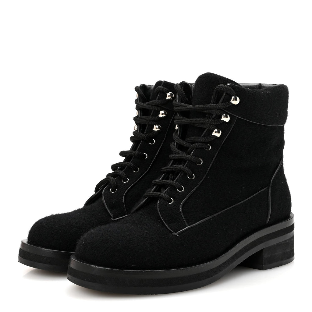 Chanel Tweed Lace Up Short Boots 37 Black