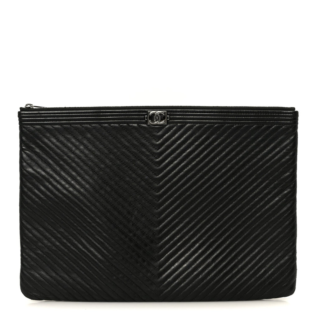 Lambskin Chevron Large Boy Zip Pouch Black