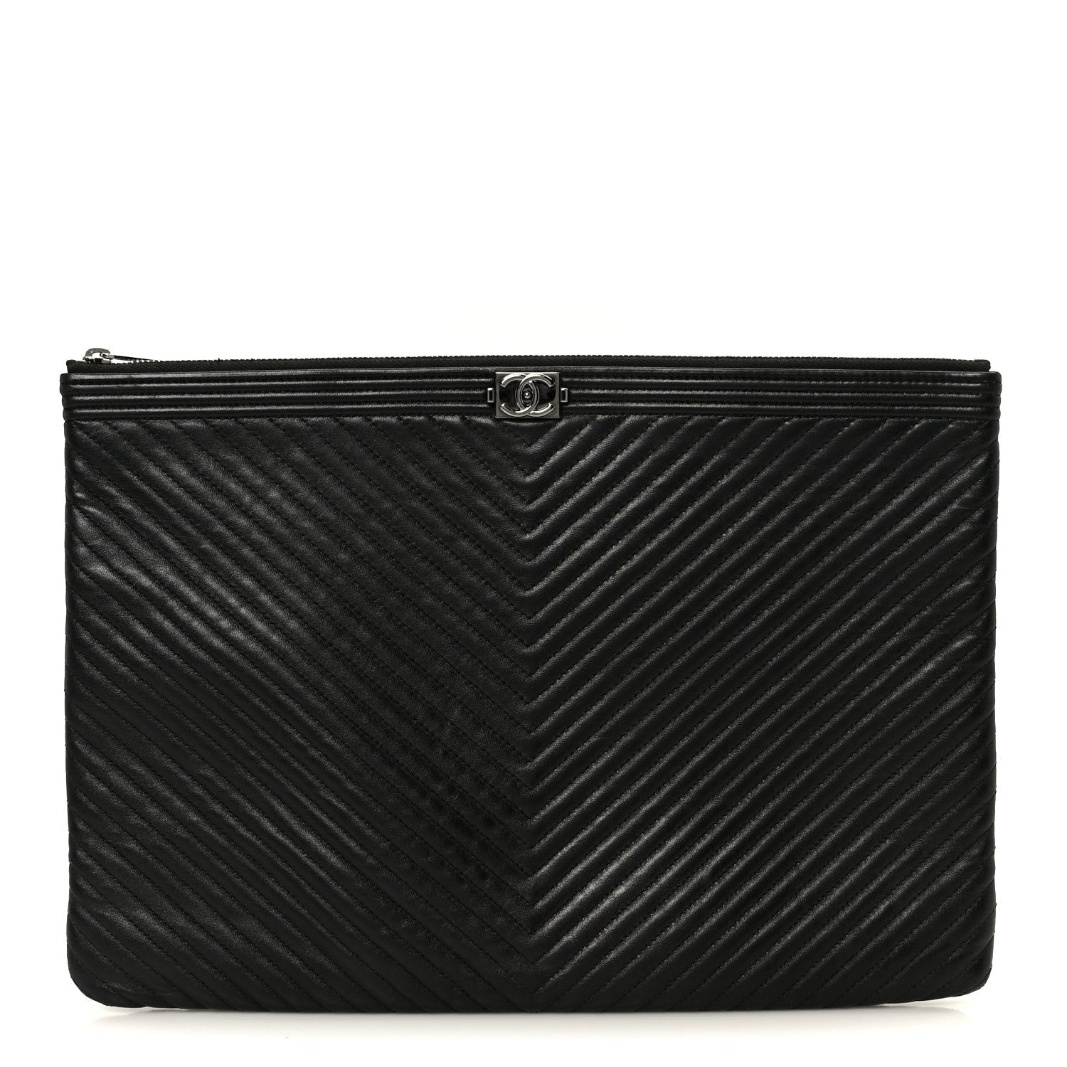 Lambskin Chevron Large Boy Zip Pouch Black