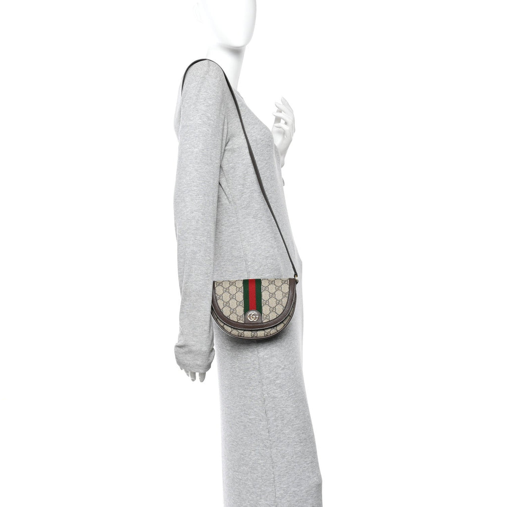 Gucci GG Supreme Monogram Textured Dollar Calfskin Web Mini Ophidia Flap Shoulder Bag Beige Ebony New Acero