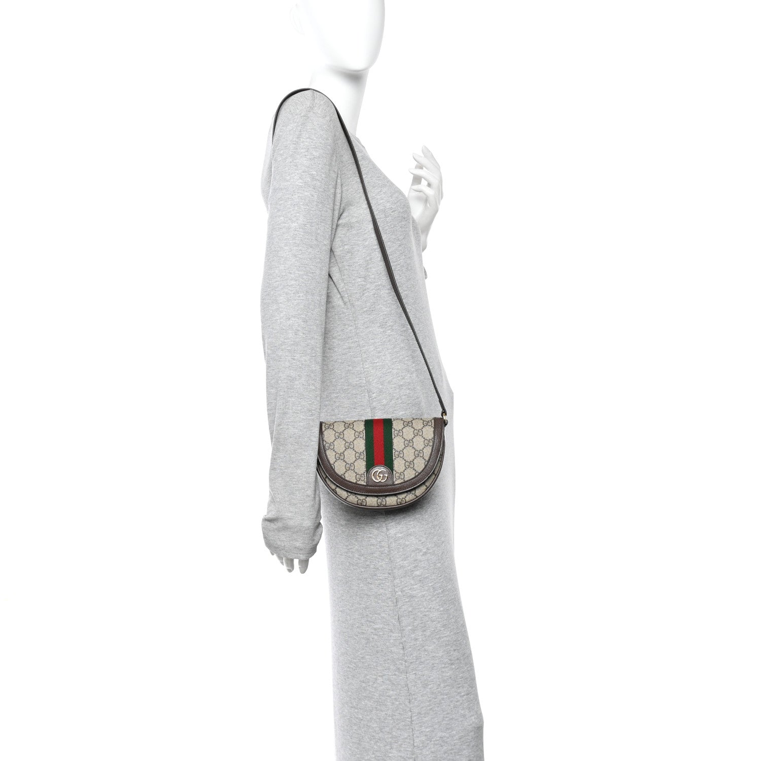 Gucci GG Supreme Monogram Textured Dollar Calfskin Web Mini Ophidia Flap Shoulder Bag Beige Ebony New Acero