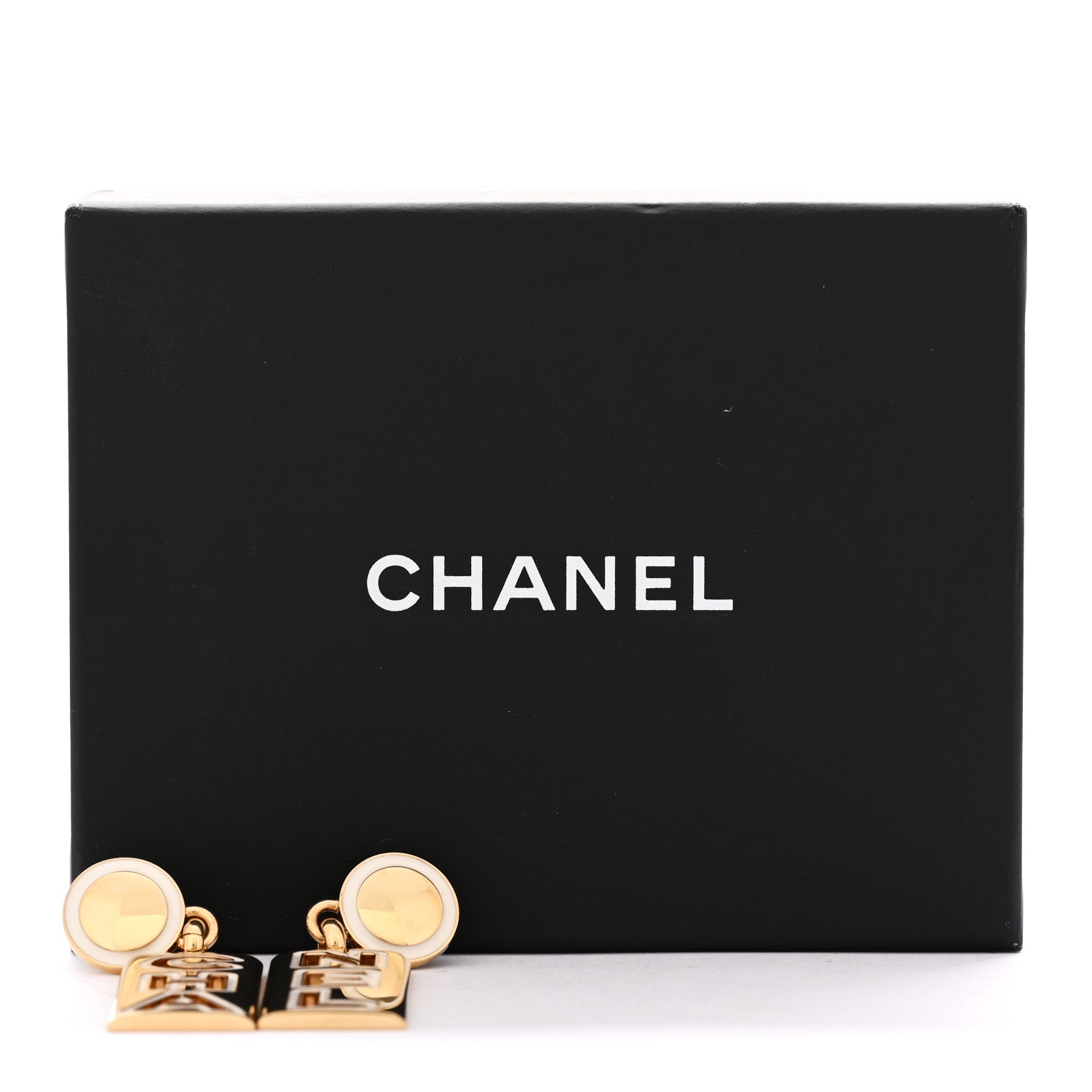 Metal Enamel Cha-Nel Logo Drop Earrings Gold Black