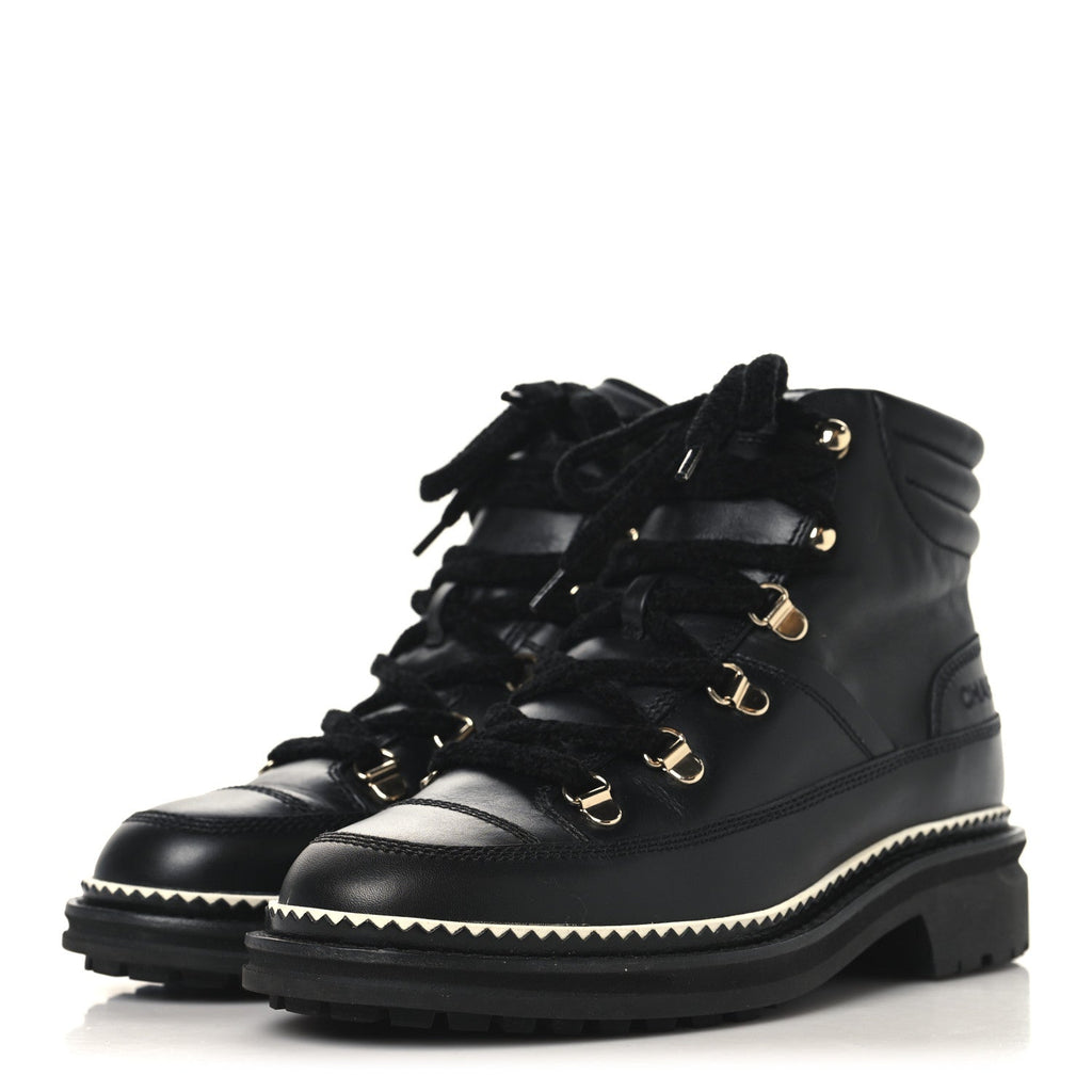 Calfskin Lambskin Lace Up Boots 37.5 Black