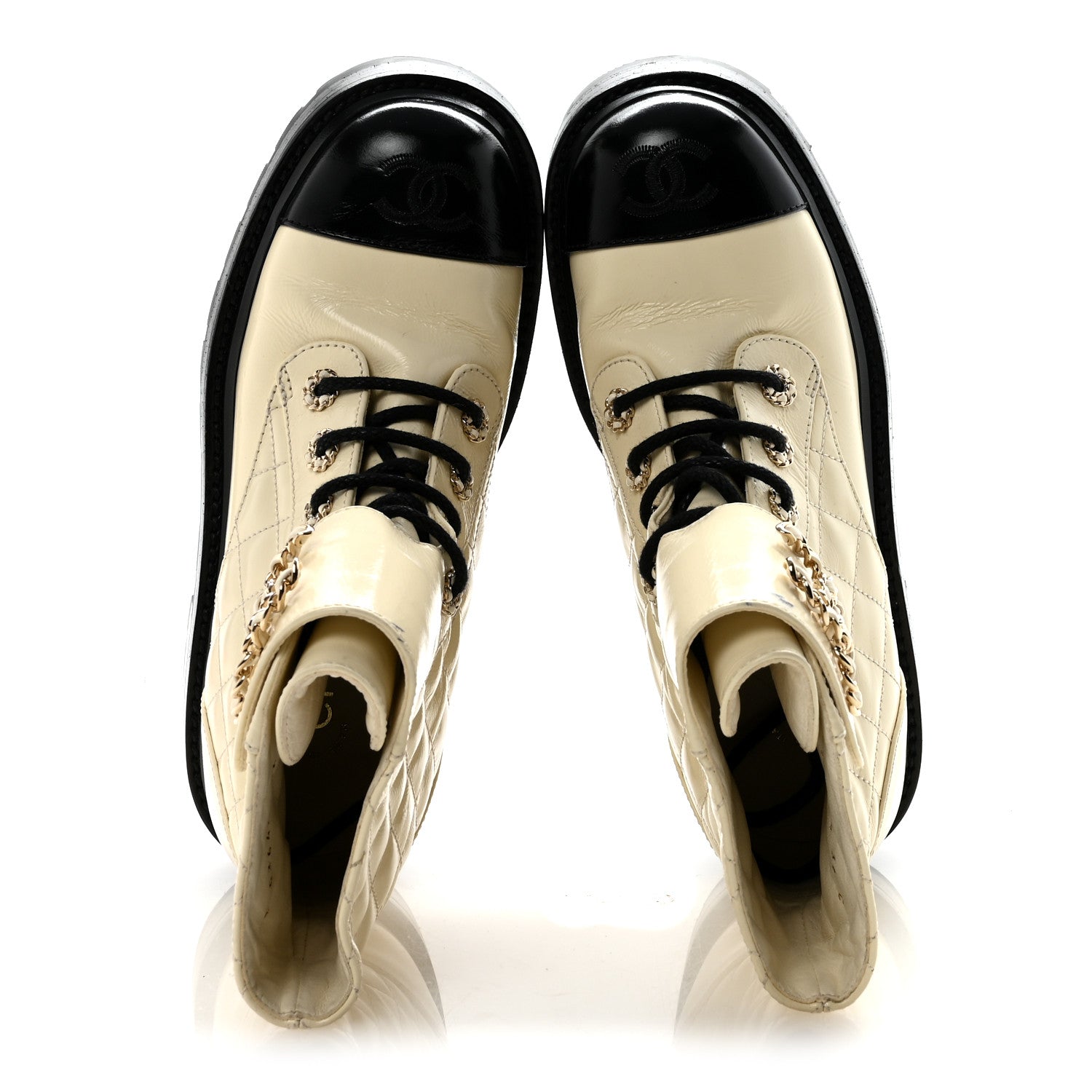 Chanel Shiny Goatskin Calfskin Quilted Lace Up Combat Boots 36 Ivory Black