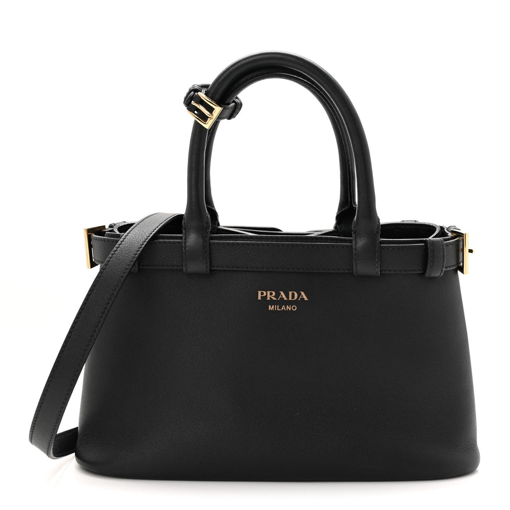 Prada Soft Grain Calfskin Small Double Belt Tote Black