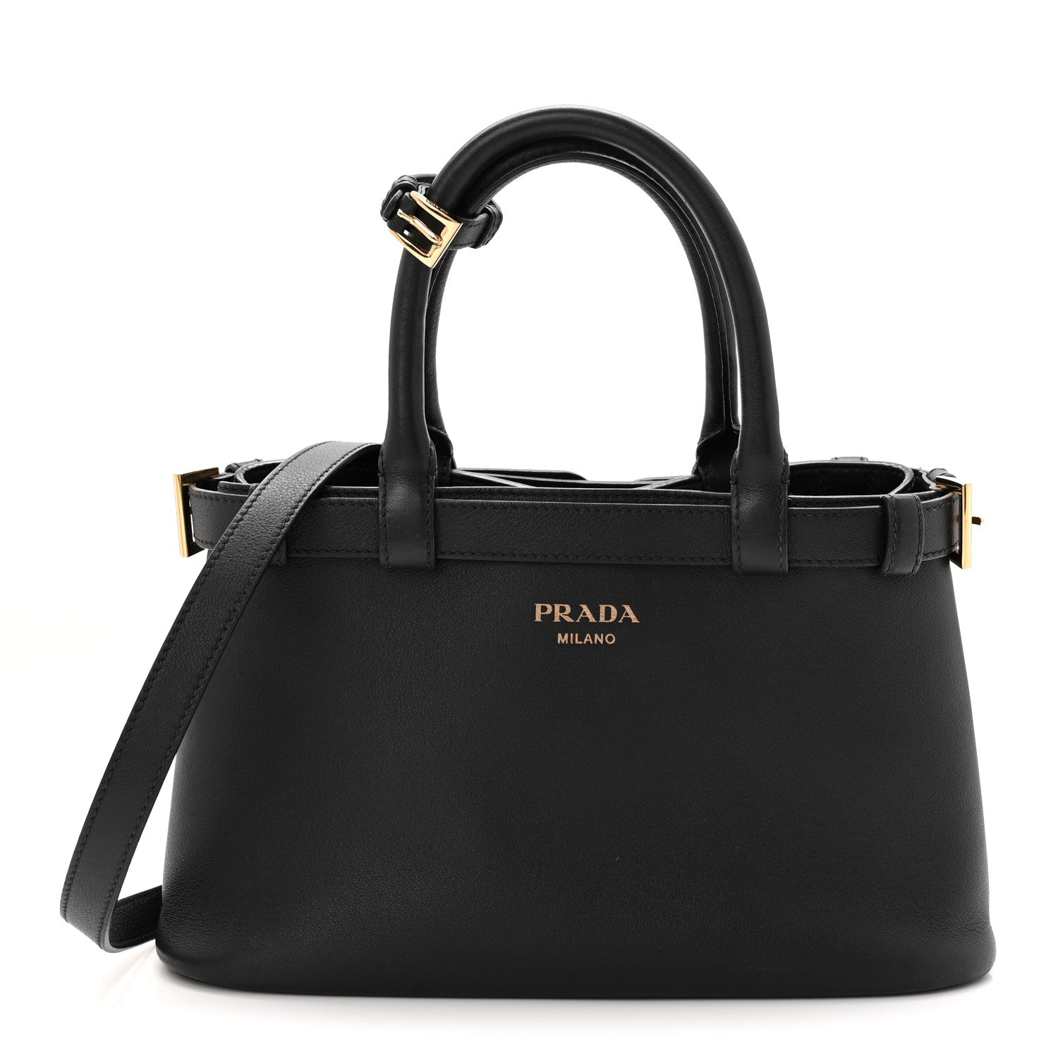 Prada Soft Grain Calfskin Small Double Belt Tote Black