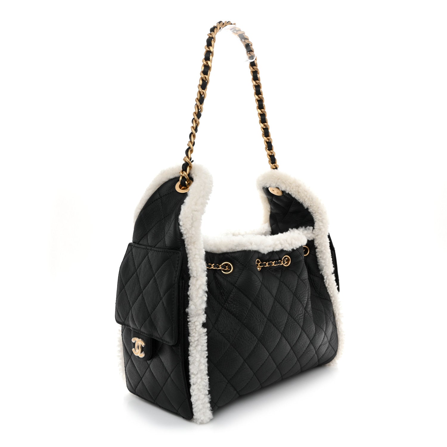 Chanel Crumpled Sheepskin Shearling Quilted Small Chanel 25 Handbag Black White