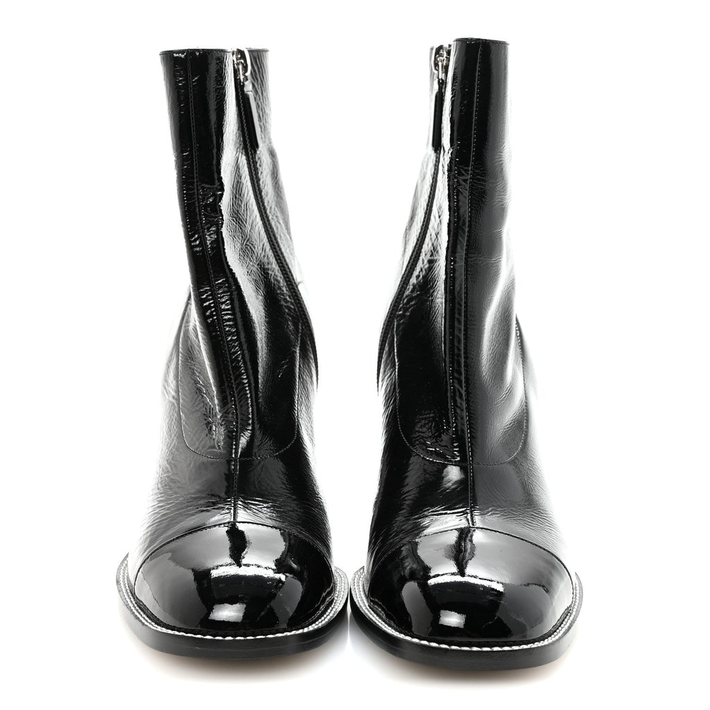 Chanel Shiny Calfskin Patent Cap Toe CC Short Boots 38.5 Black