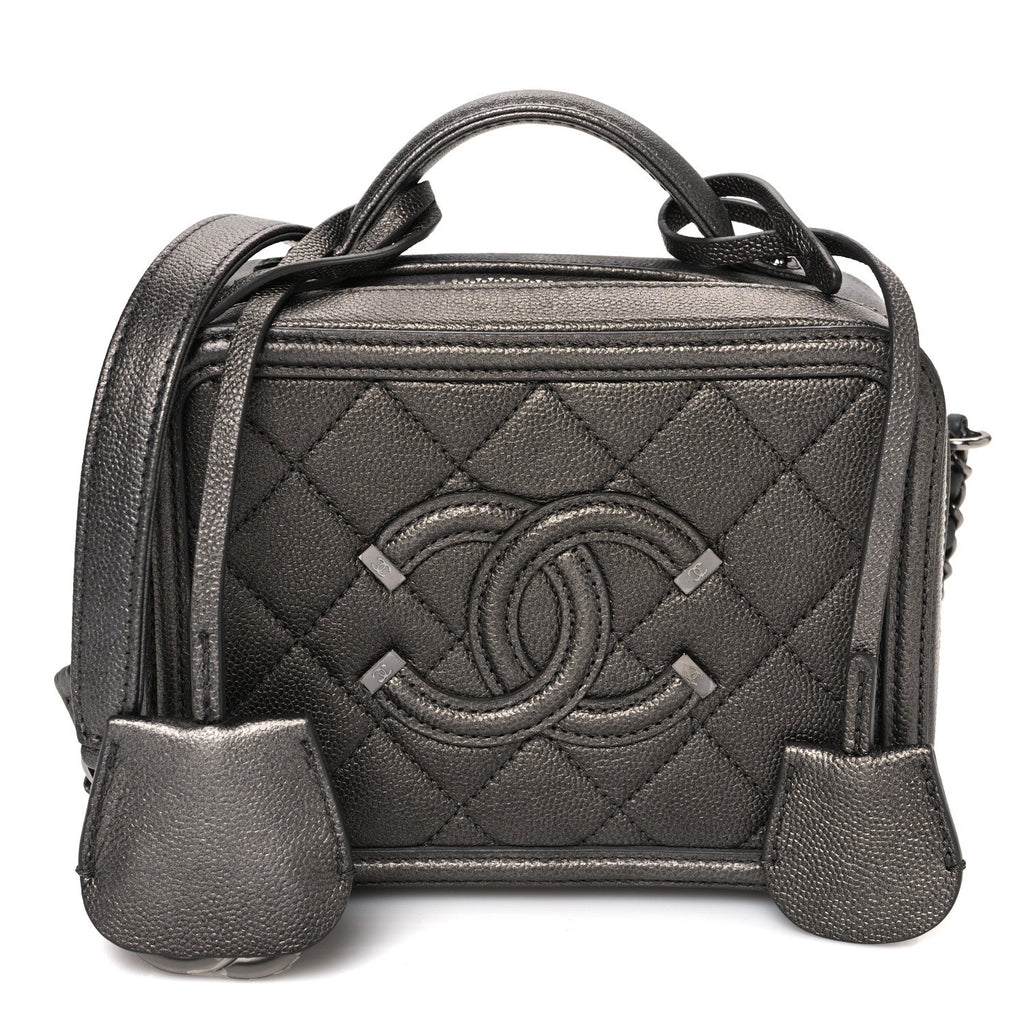 Chanel Metallic Caviar Quilted Small CC Filigree Vanity Case Dark Silver