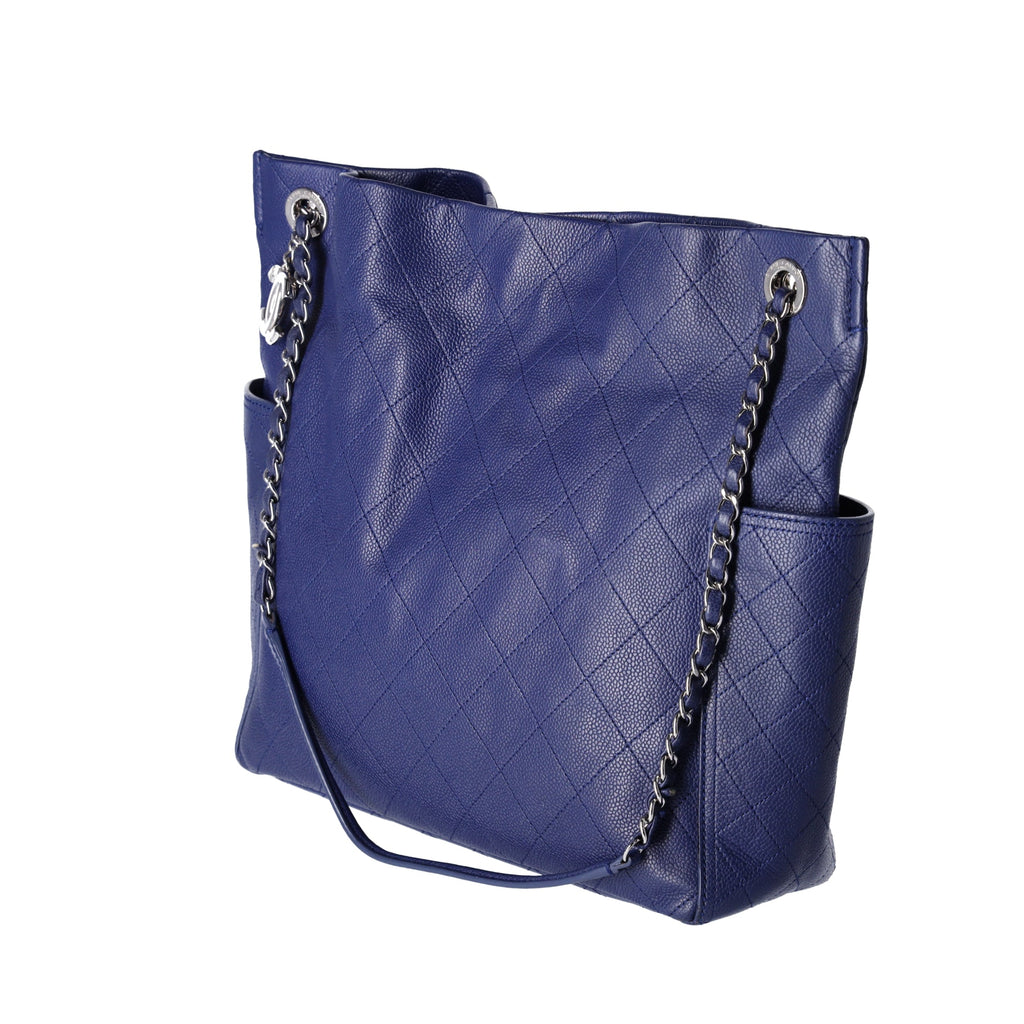 Chanel Grained Calfskin Stitched CC Pocket Tote Blue
