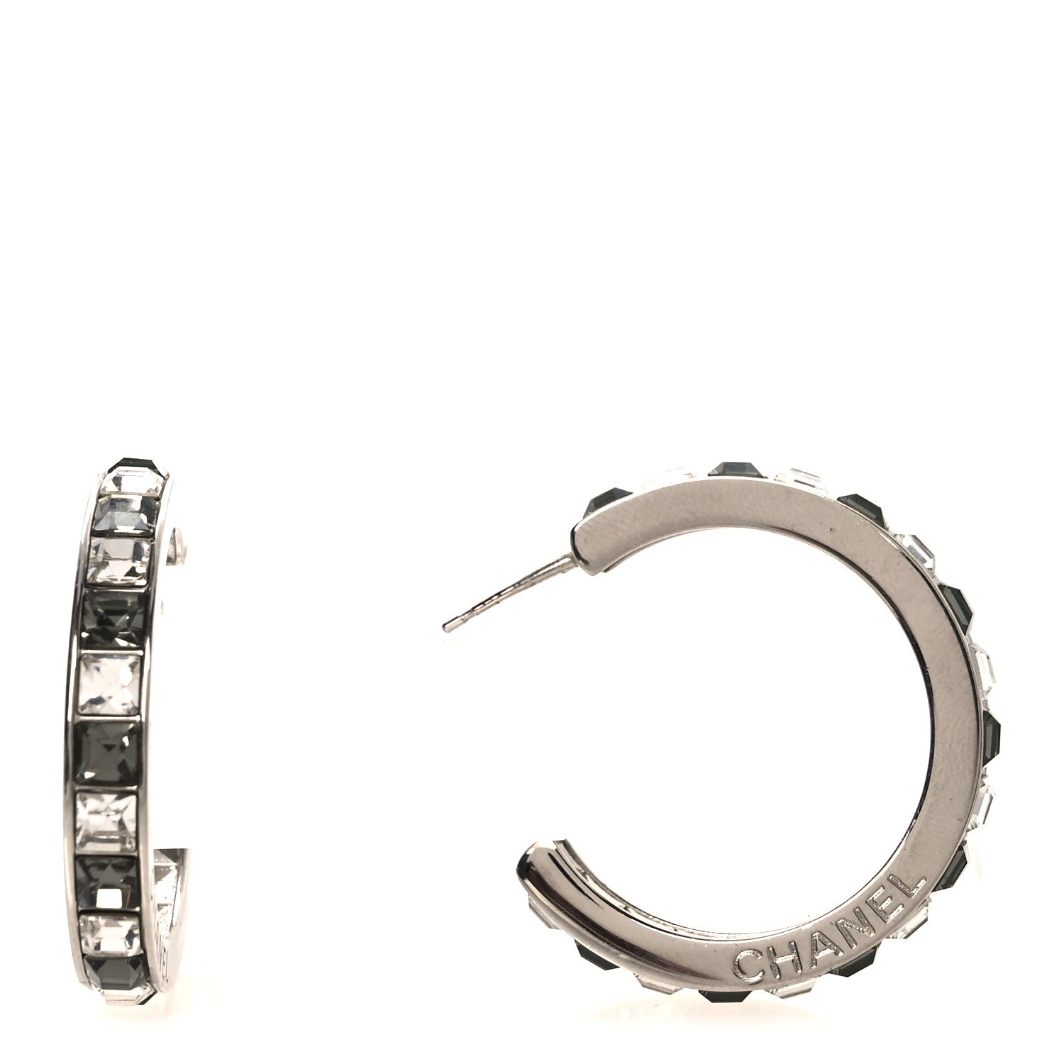 Baguette Crystal CC Hoop Earrings Silver