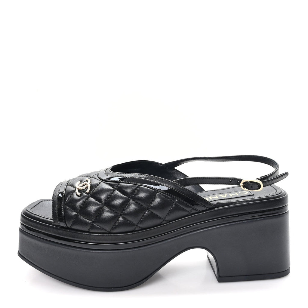 Lambskin Patent Quilted CC Platform Sandals 39.5 Black