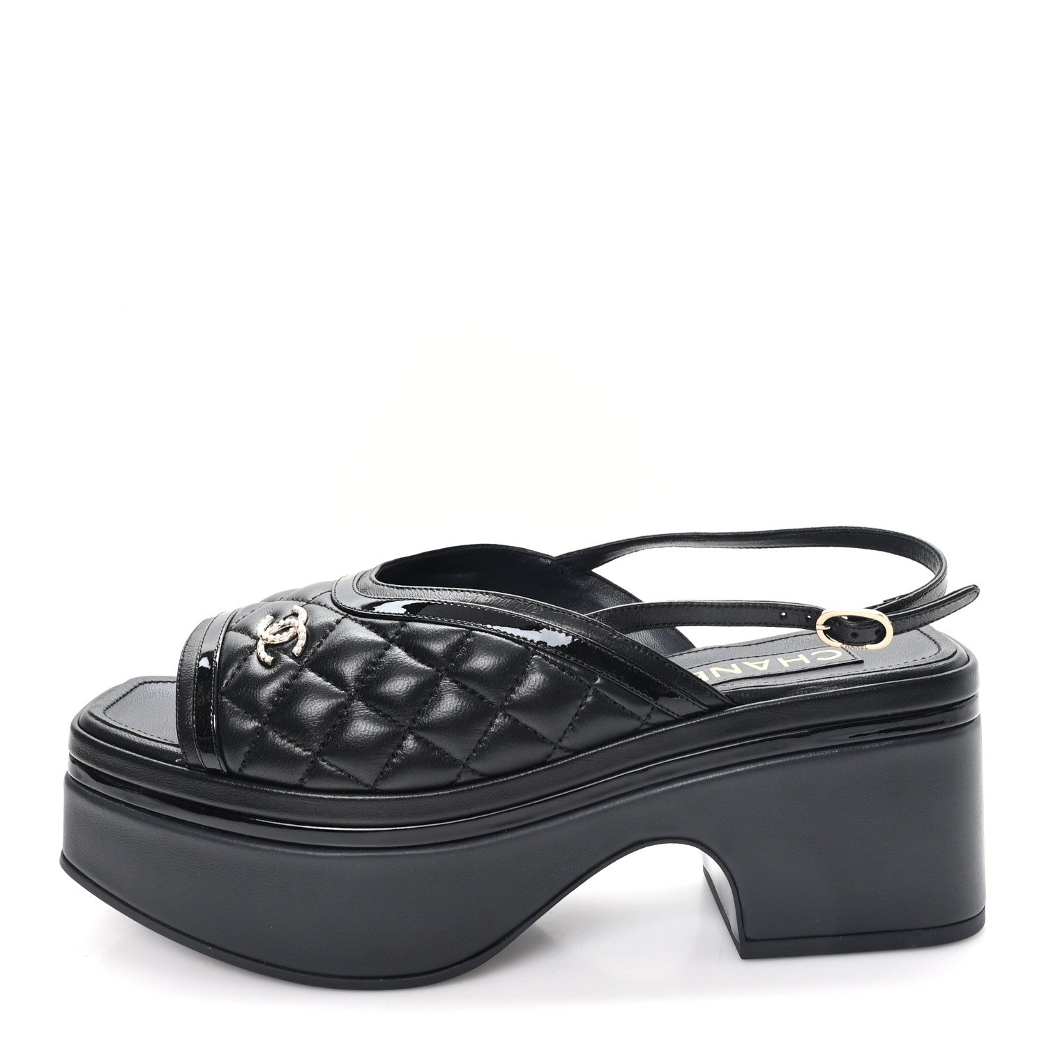 Lambskin Patent Quilted CC Platform Sandals 39.5 Black