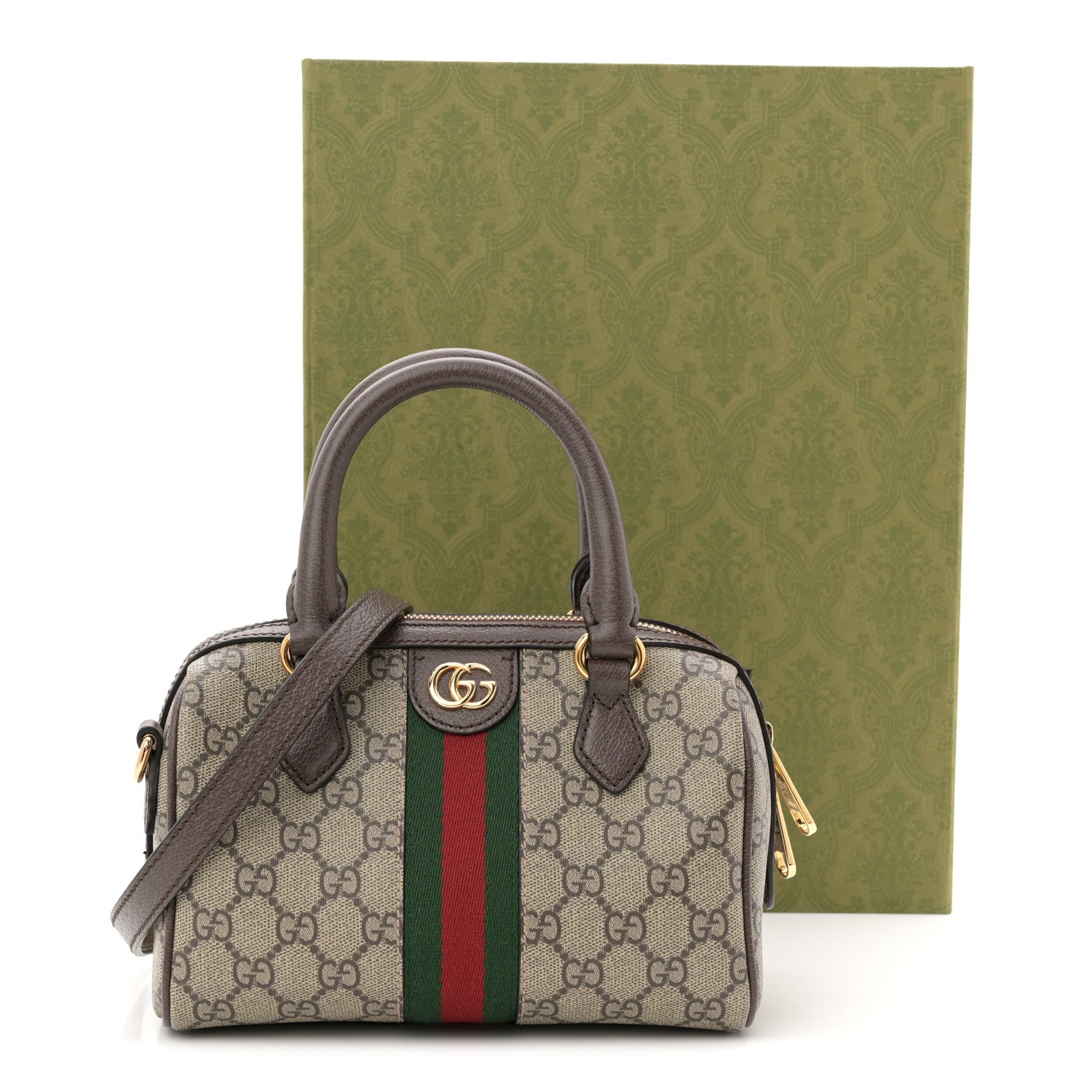 Gucci GG Supreme Monogram Textured Dollar Calfskin Web Mini Ophidia Top Handle Bag Beige Ebony New Acero