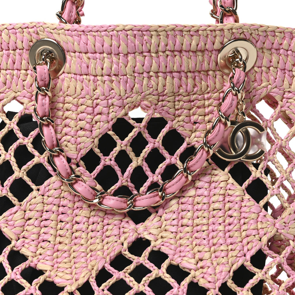 Chanel Raffia Effect Braided Small Shopping Bag Beige Pink