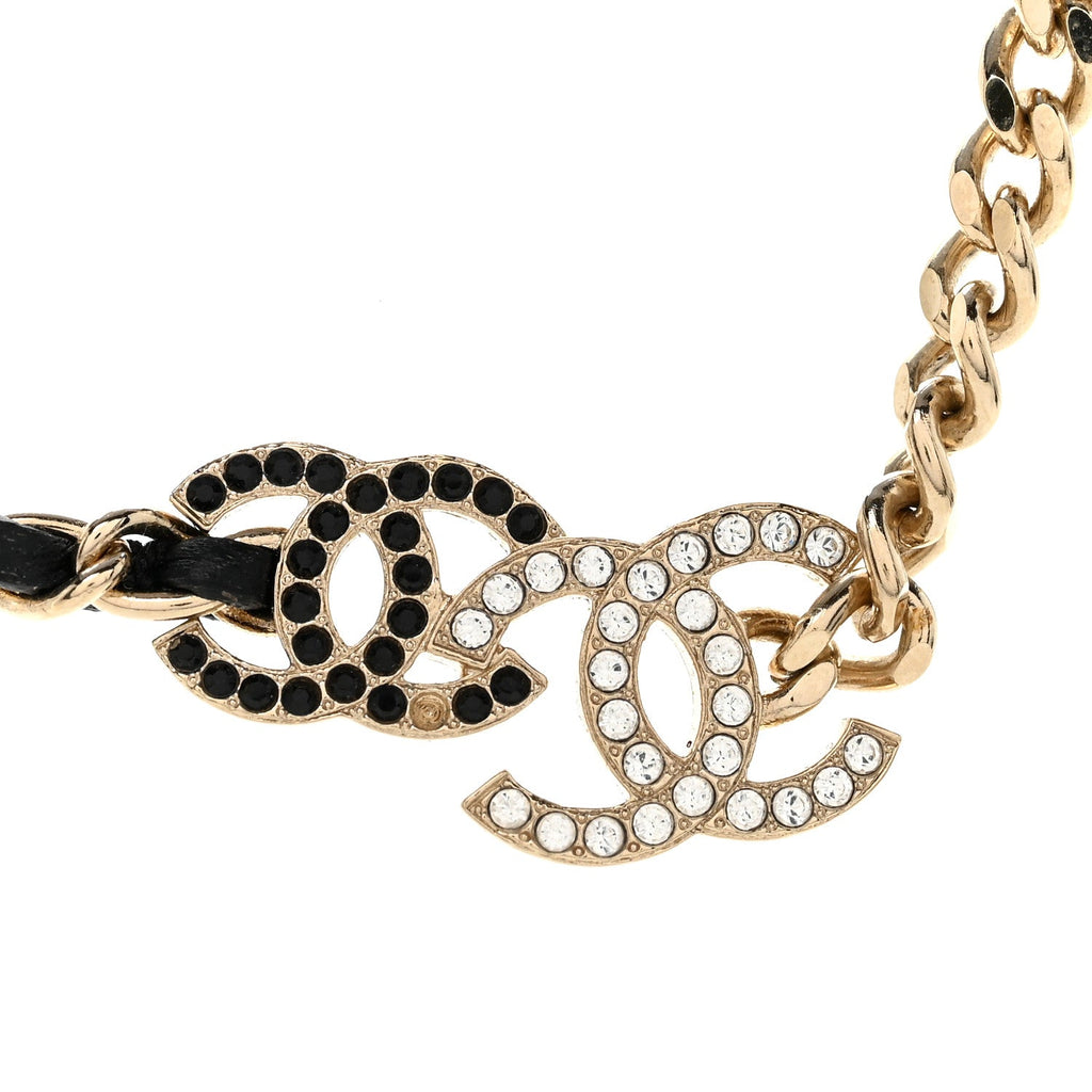 Lambskin Crystal CC Chain Choker Necklace Black Gold