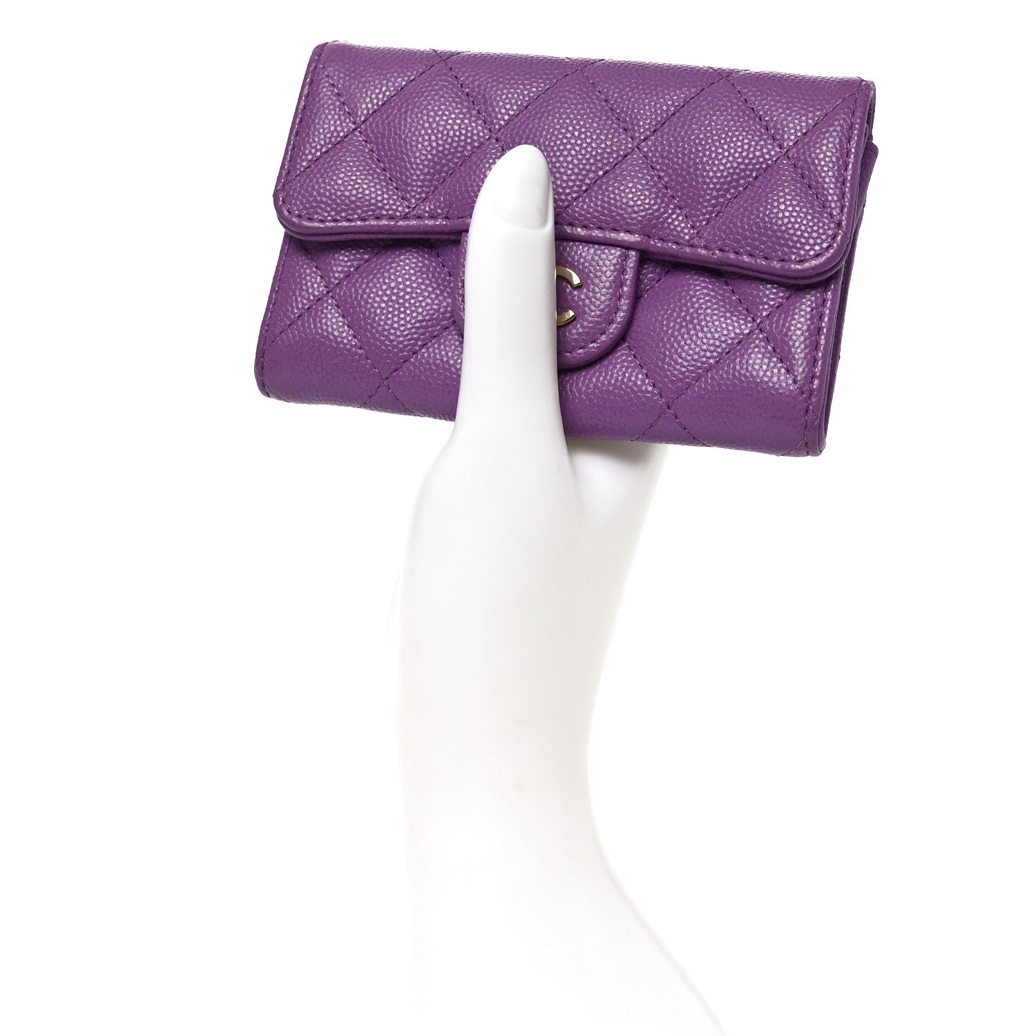 Caviar Quilted Flap Card Holder Wallet Purple